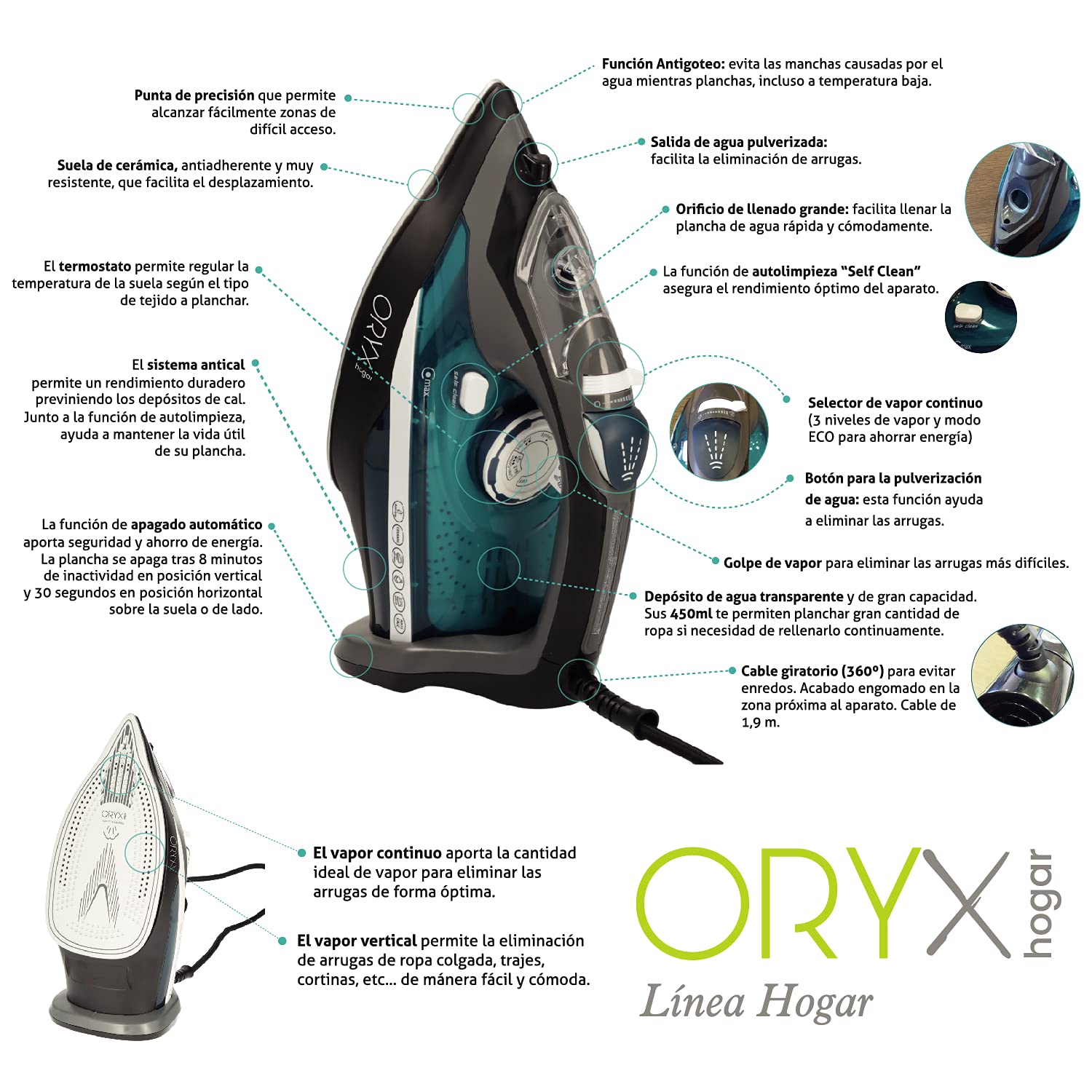 ORYX 5700600 Profesjonalne żelazko 2.800 Watt Stała i uderzenie, podeszwa ceramiczna, Pionowa para, System antyczny, Wielobarwny, Extra Large