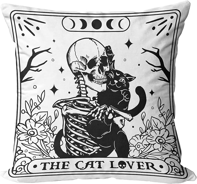 The Cat Lover Tarot Pillow Cover for Pet Lover, Gothic Skull Black Cat Decor Pillow Covers 18 X 18 Inch, Witchy Aesthetic Throw Pillow Case for Sofa Couch Bed College Dorm Decor, Gothic Room Decor