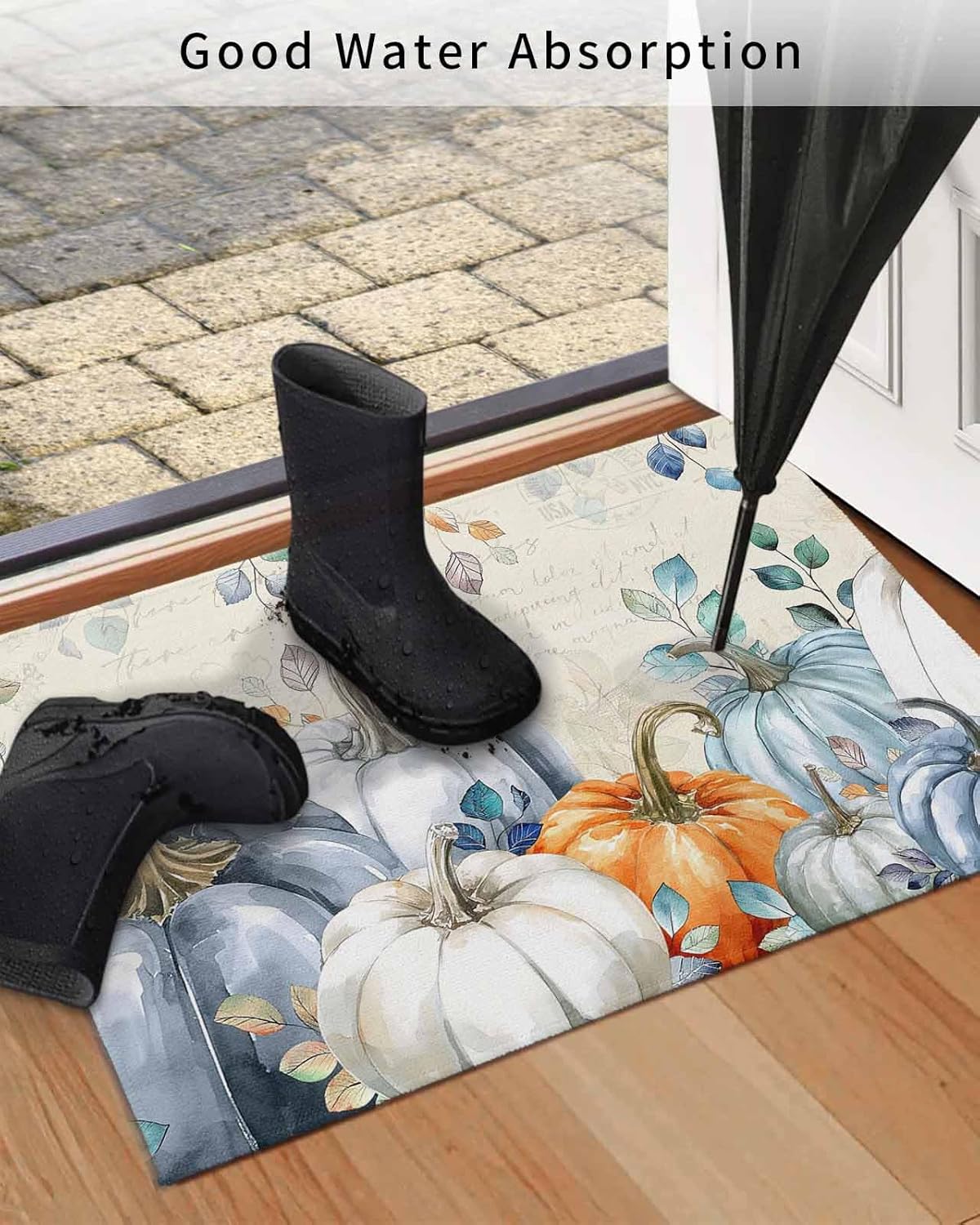 Fall Front Door Mat Outside Entrance, Autumn Blue Orange Pumpkin Outdoor Indoor Low Profile Door Mats for Entryway, Funny Thanksgiving Eucalyptus Leaves Retro Welcome Mat Entry Doormats