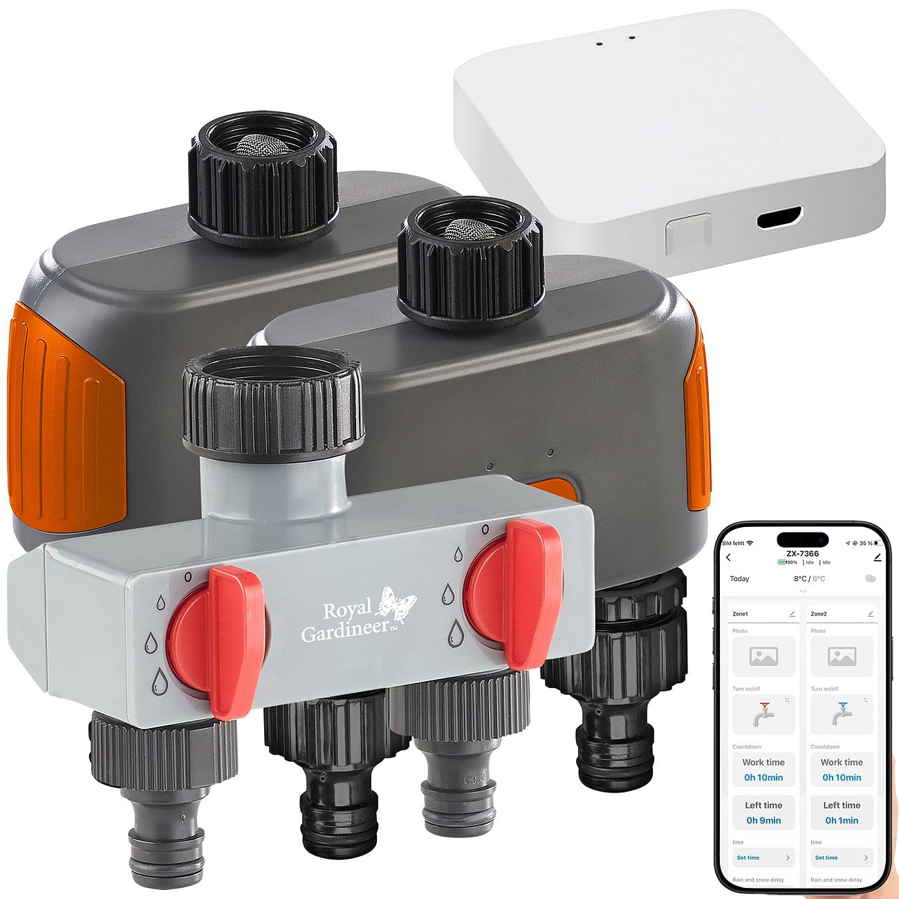 Royal Gardineer Dual Bewässerung: 2er-Set WLAN-Bewässerungscomputer mit Dual-Ventil, 2-Fach-Verteiler (WLAN-Bewässerungscomputer mit App, Doppel-Ventil, Handy)