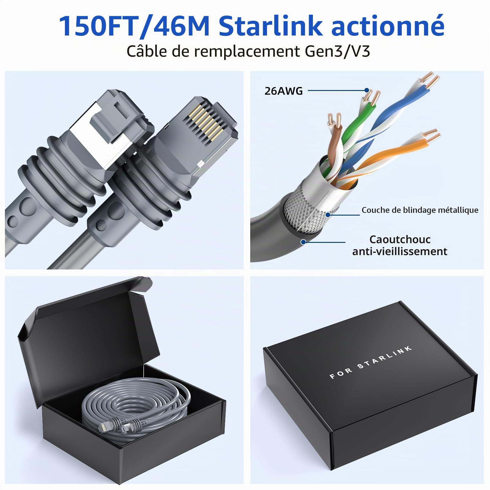 Câble Starlink Gen 3 150FT 46M Rallonge Étanche Pour Standard Satellite V3 Ethernet de Remplacement