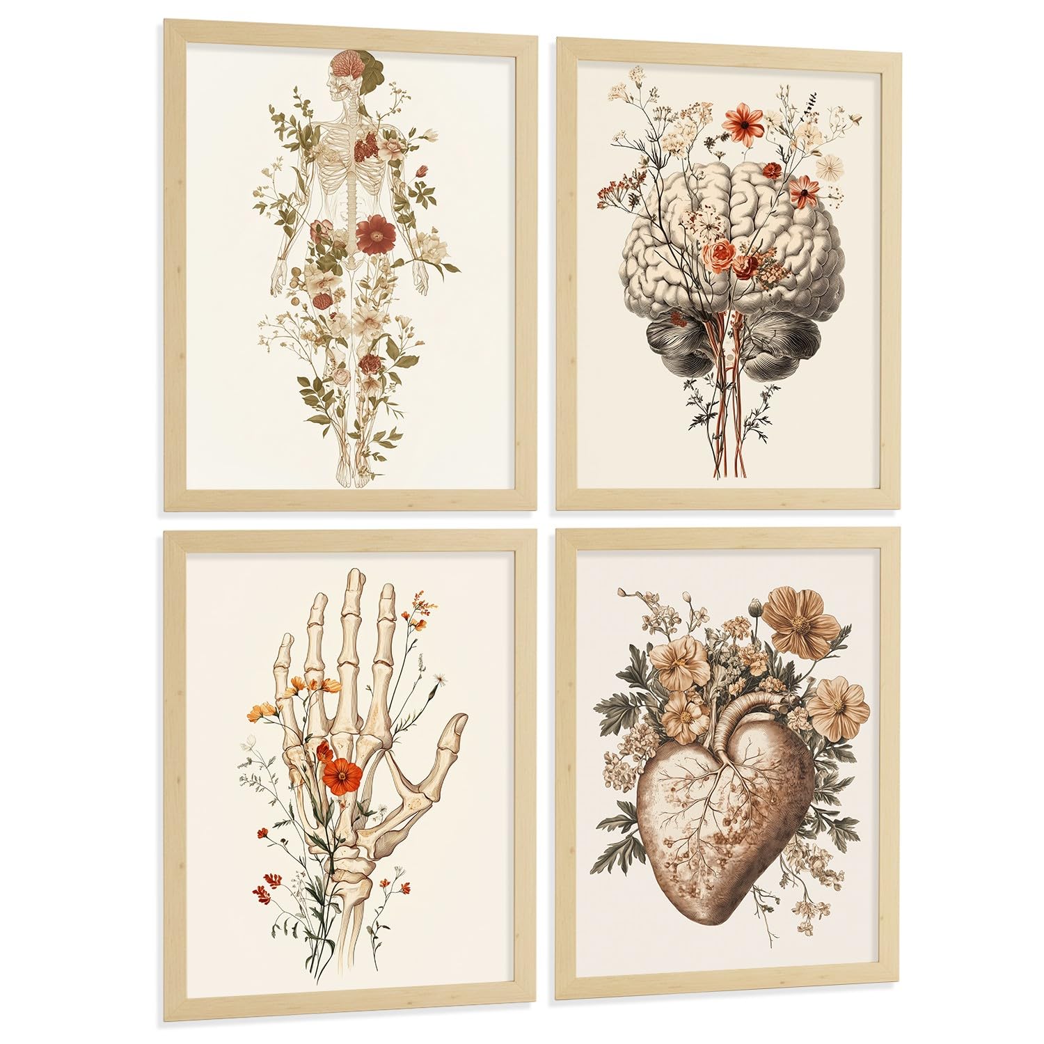 Nacnic Set Di 4 Stampe Anatomia Umana Poster Decorativi E Quadri Con Fiori Corpo Completo Cervello Mano E Cuore Stile Moderno Decorazione Da Parete Medica Dimensione A3 Telaio In Legno Chiaro