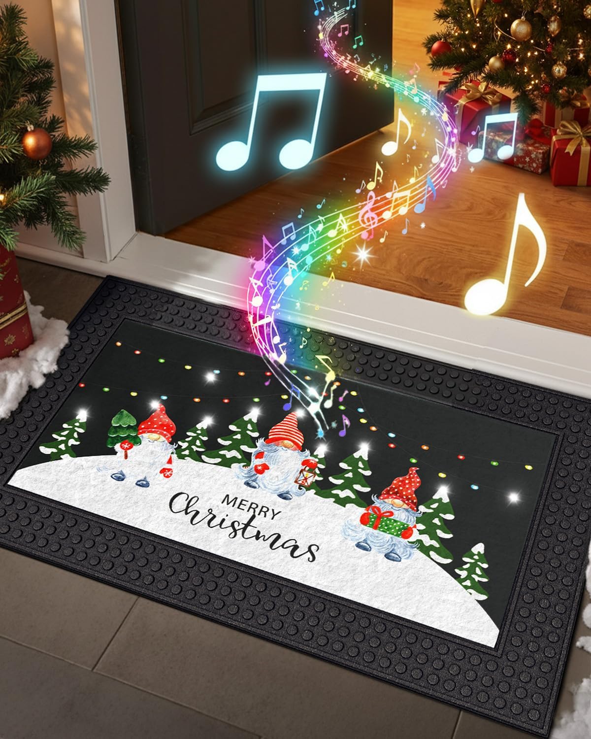 DEXI Merry Christmas Front Door Mat with Light & Music, 18×30 Heavy Duty Rubber Entrance Mat, Non Slip Indoor Outdoor Xmas Welcome Doormat for Entryway, Black and White