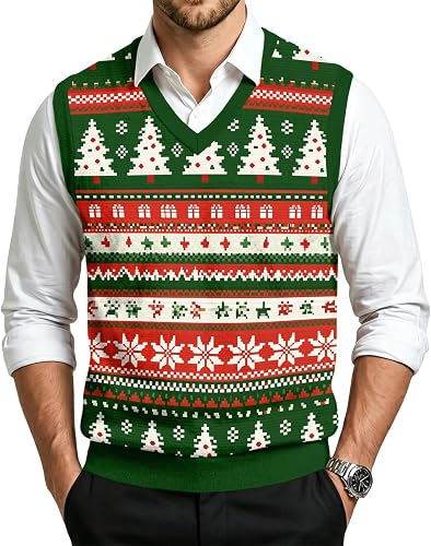 Christmas Sweater Vest Men V Neck Knit Sleeveless Xmas Party Top Green 4XL