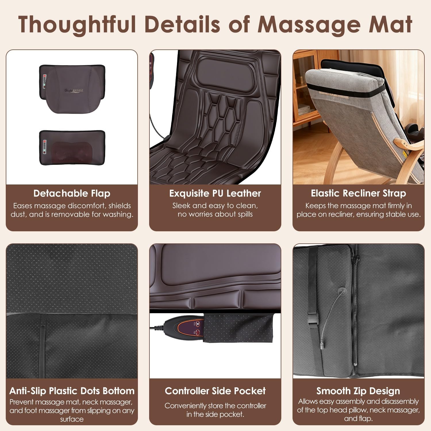 KOCASO PU Leather Full Body Massage Mat Multifunctional Massage Chair Pad with Heat Timer Shiatsu Neck Massager Carry Bag Earplugs Anti-Slip Bottom for Reclining Chair