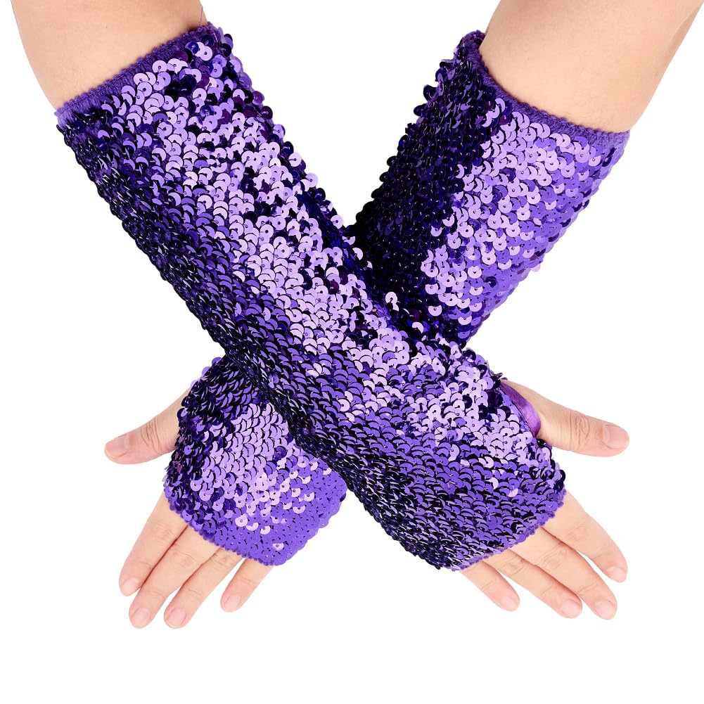 CABODYALS 1 Pair Purple Sequin Fingerless Gloves Sparkly Sequins Stretchy Long Arm Sleeves Elastic Glitter Oversleeves Rave Dance Glove Bulk for Women Party Costume Performance Halloween Accessories