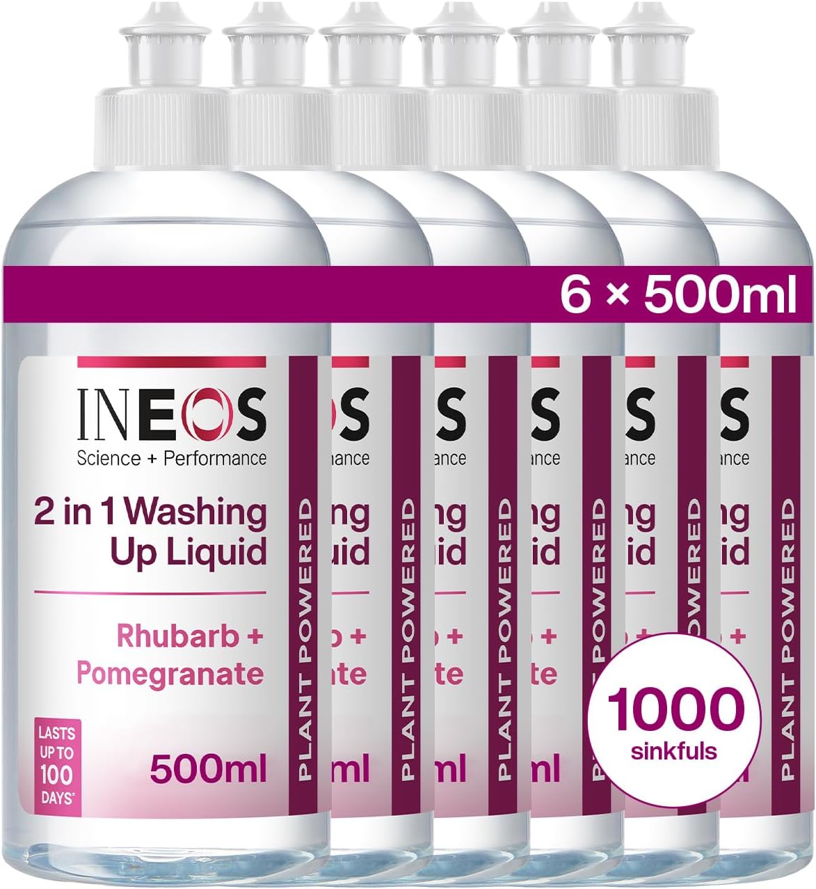 – INEOS Next-Gen 2in1 Washing Up Liquid, 3L (500ml x 6), 1000 Sinkfuls, Dishwashing + Handwashing, Plant Powered, Rhubarb + Pomegranate, Packaging May Vary