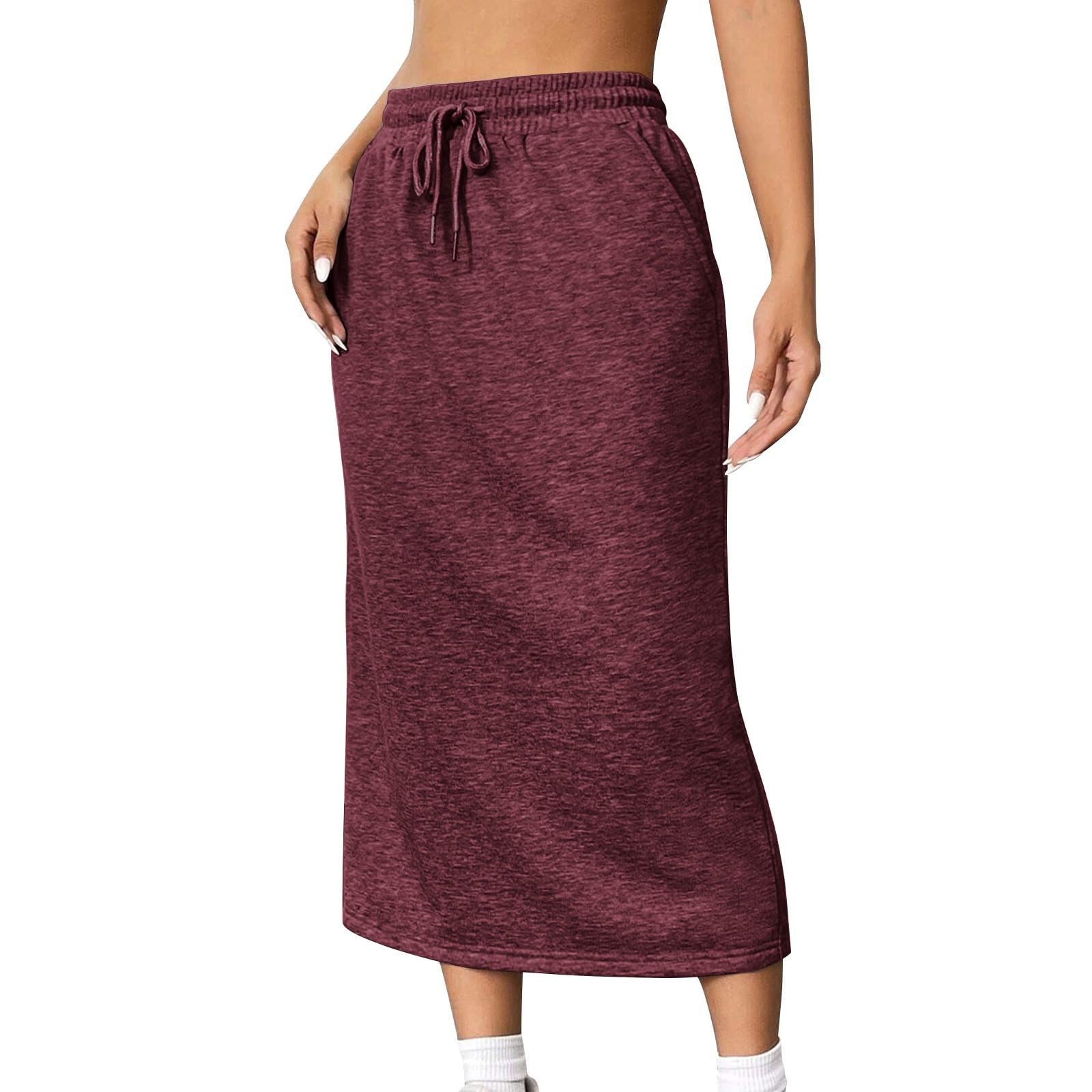 Casual Maxi Skirts for Womens High Waist Trendy Drawstring Side Slit Skirts Solid Color Loose Fit Skirt with