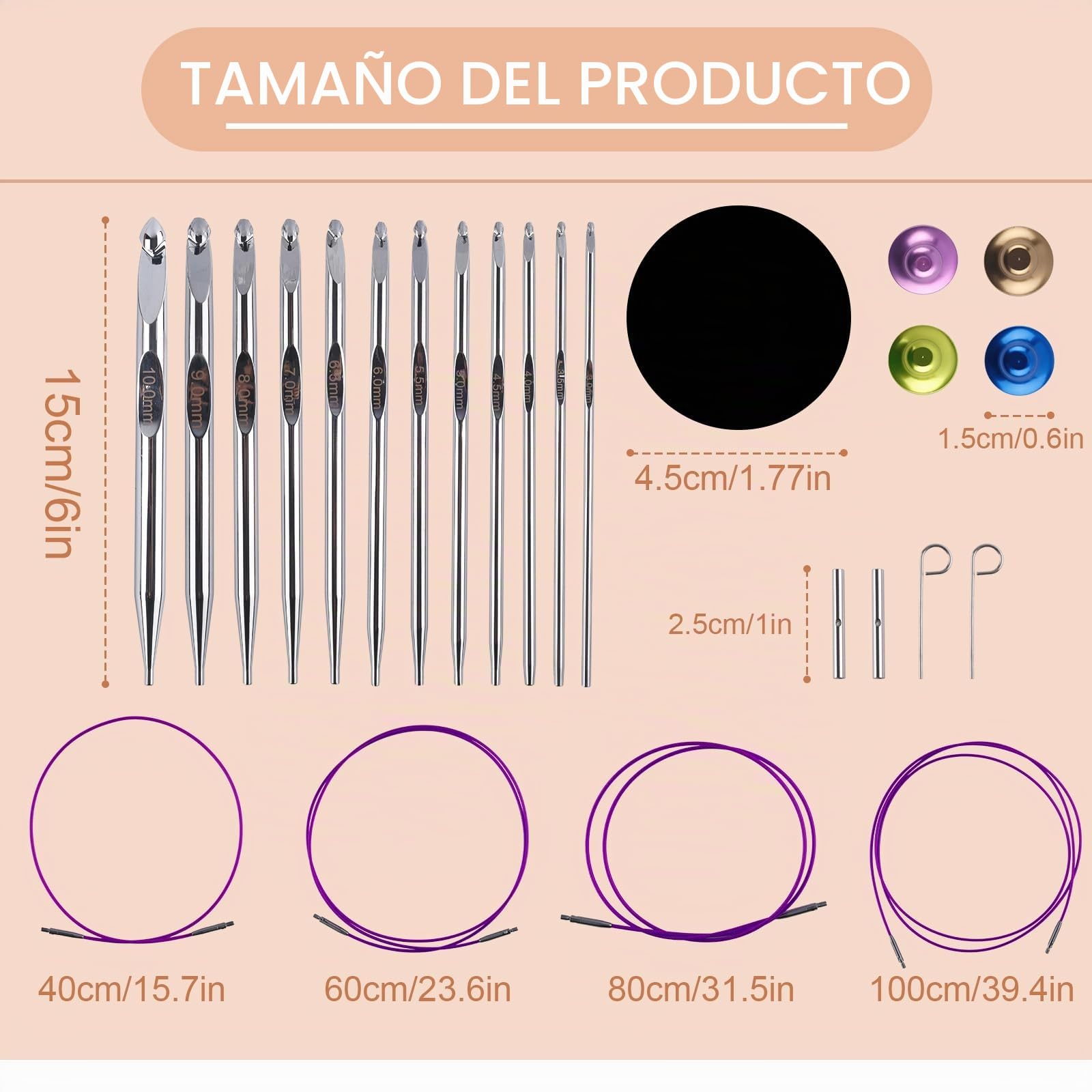 Gosknor Juego de Ganchillo Tunecinos con Cables, Aluminio Agujas de Tejer Intercambiables 3 mm a 10 mm Aguja Crochet Larga con Estuche para Proyectos Tejido Punto y Crochet