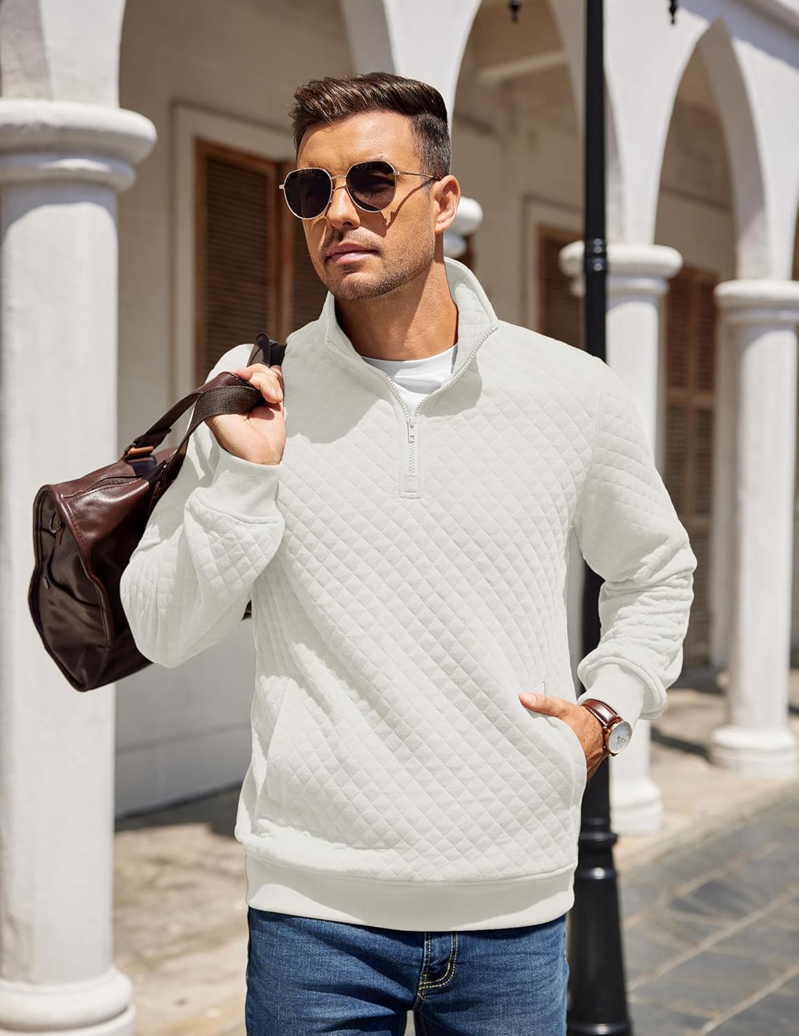 COOFANDY Mens Quarter Zip Pullover Quilted Sweatshirt Knit Long Sleeve Mock Neck Sweater Polo with Pocket - Image 2