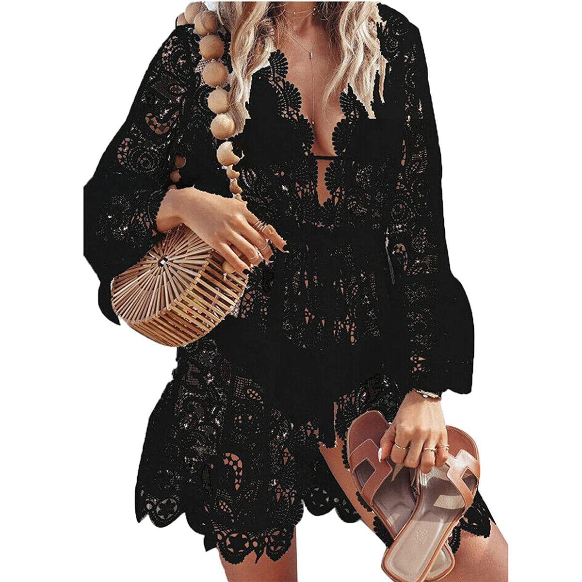 TBSCWYF Vestido de Playa Mujer Pareos y Camisola Sexy Hueco Bikini Cover up Suelto de Manga Larga Ropa Traje de Baño Punto de Encaje con Cuello en V Blanco Mujer Ropa de Playa para Cubrir Cover Up