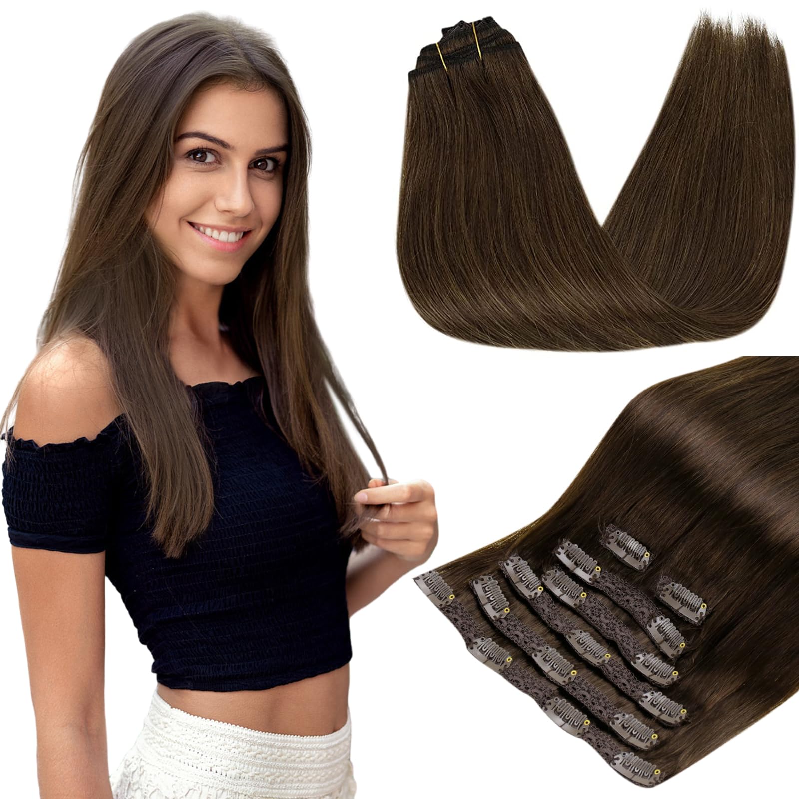 RUNATURE Clip in Human Hair Extensions Medium Brown 12 Inch Thick Hair Extensions Real Human Hair Clip Ins Full Ends Straigh Clip in Hair Extensions Real Hair 80g 7PCS