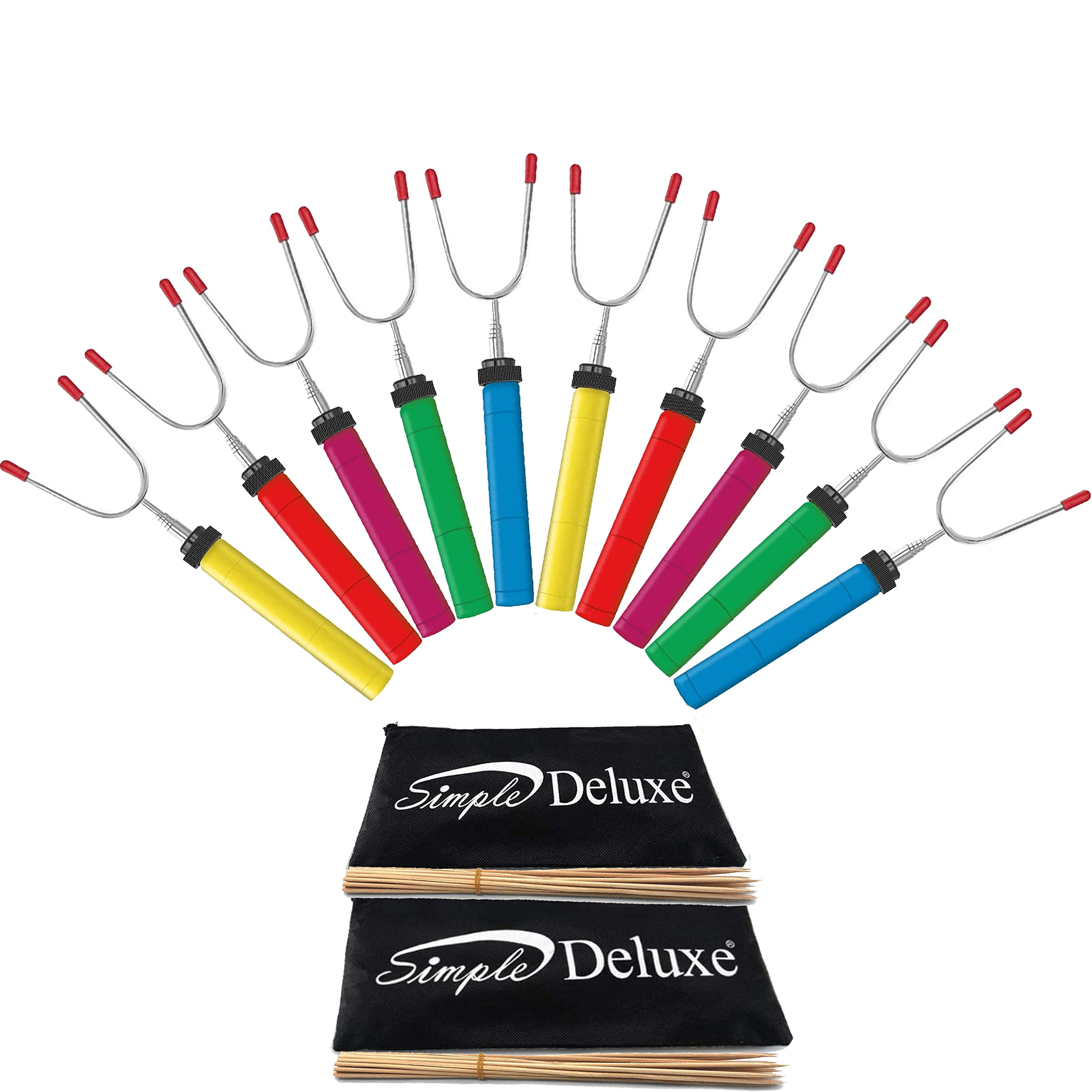 Simple Deluxe Kit di 10 bastoncini per arrostire marshmallow da 86,4 cm, design allungabile, spiedini telescopici e forchette per hot dog con manico in legno