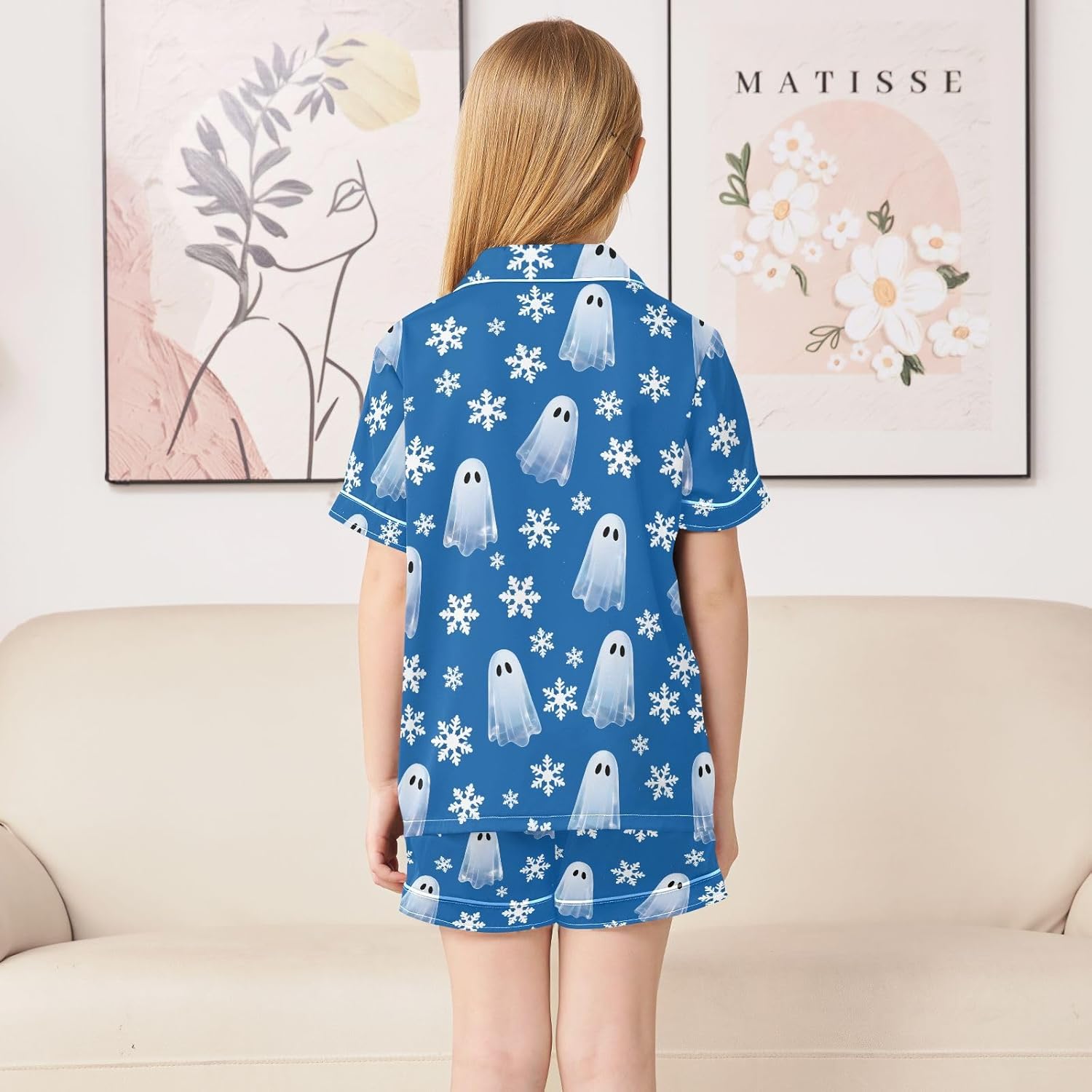 Kids Satin Wear Set Ghost Snowflake Pattern Relaxed Fit Clothing Short Sleeve and Shorts