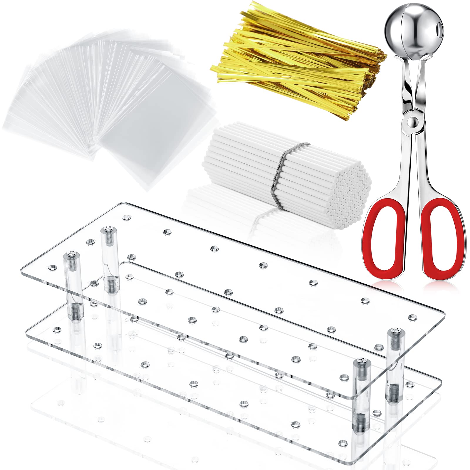 Yinkin Cake Pop Supplies and Decoration for Making Lollipops Including Acrylic Lollipop Pop Stand Holder Meat Baller 100 Pcs Sticks 100 Pcs Clear