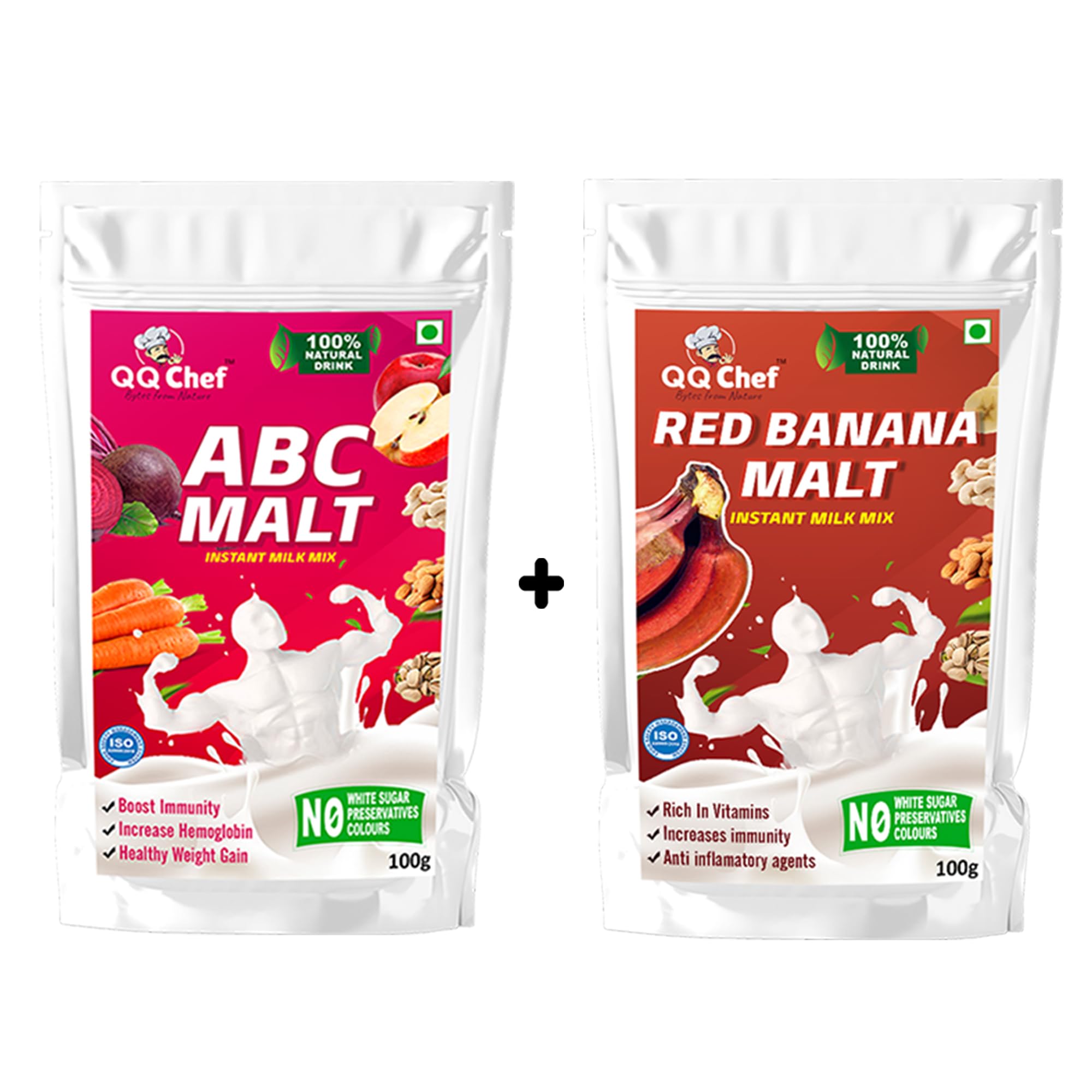 QQChef ABC Malt & Red Banana Malt Natural Drink combo for Kids, Adults, Elders, Homemade & No Preservatives (100gm x 2 Pcs)