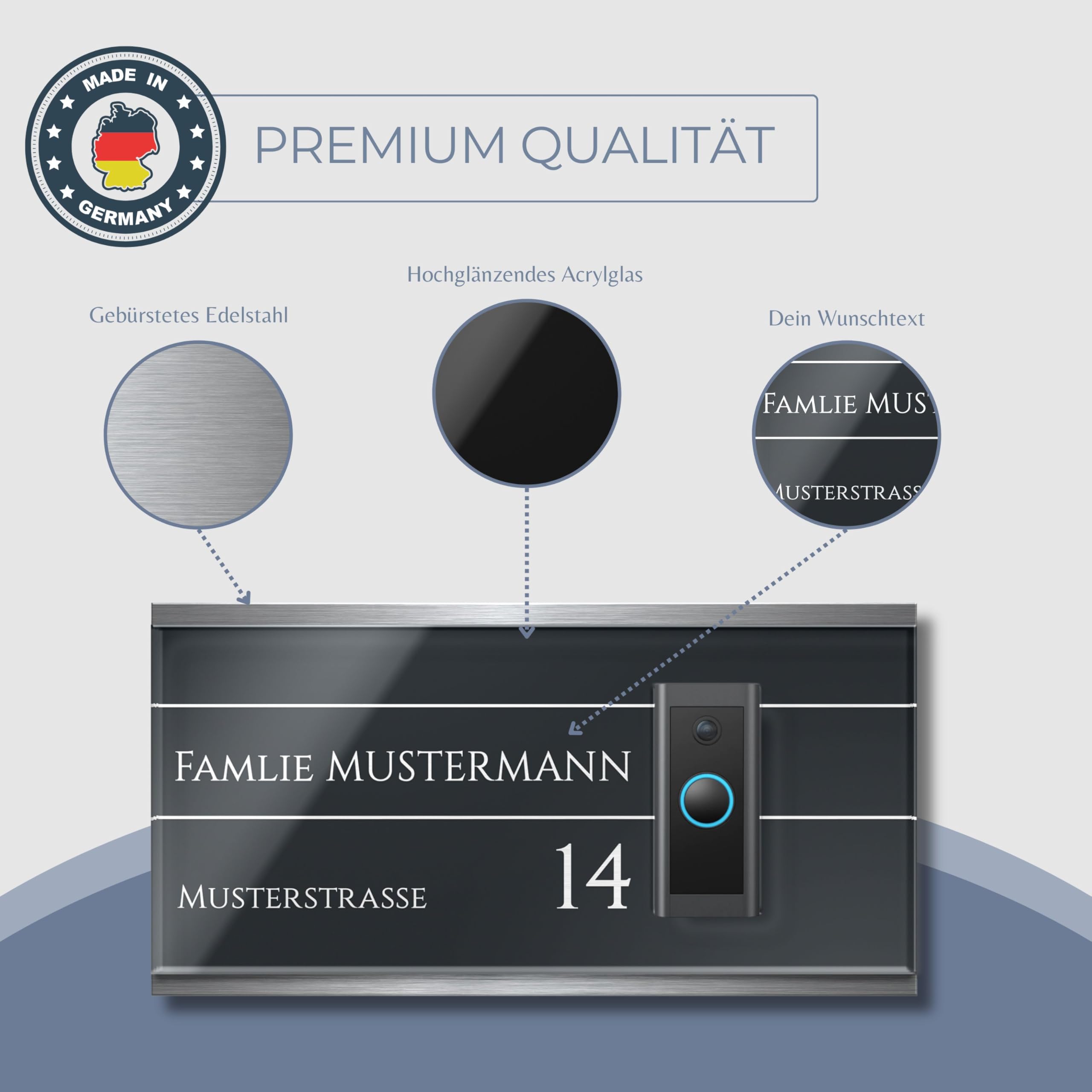 Hochglanz Klingelschild für Reolink Video Doorbell WiFi & PoE aus Acrylglas - personalisiertes Türschild aus Edelstahl & Acrylglas | hochwertiges Funkklingel Zubehör