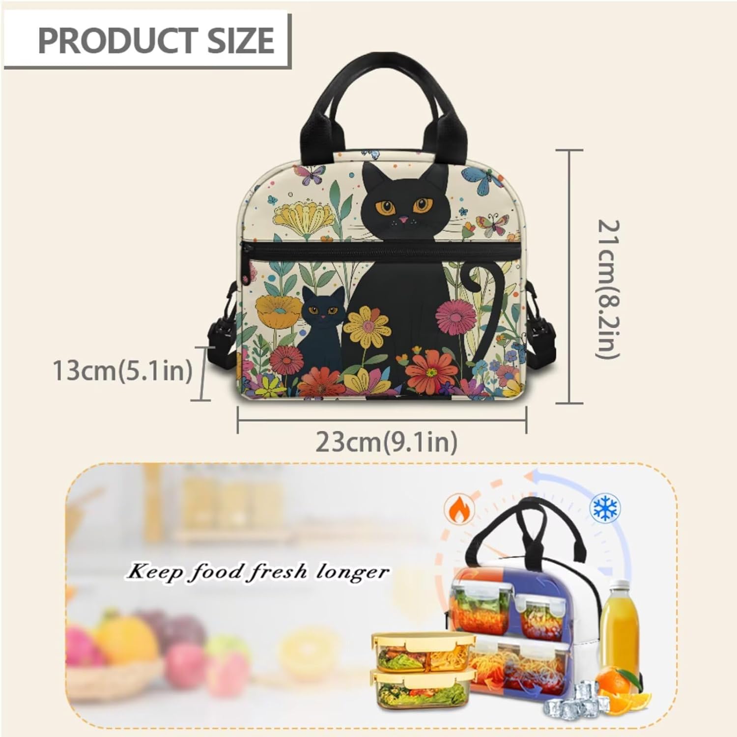 Horeset Floral Black Cat School Bags Set for Girls Sport Travel Kids Backpack with Picnic Lunch Box Water Bottle Bag Set of 3Pcs Large Capacity Bookbag Backpack for Primary Middle School Student