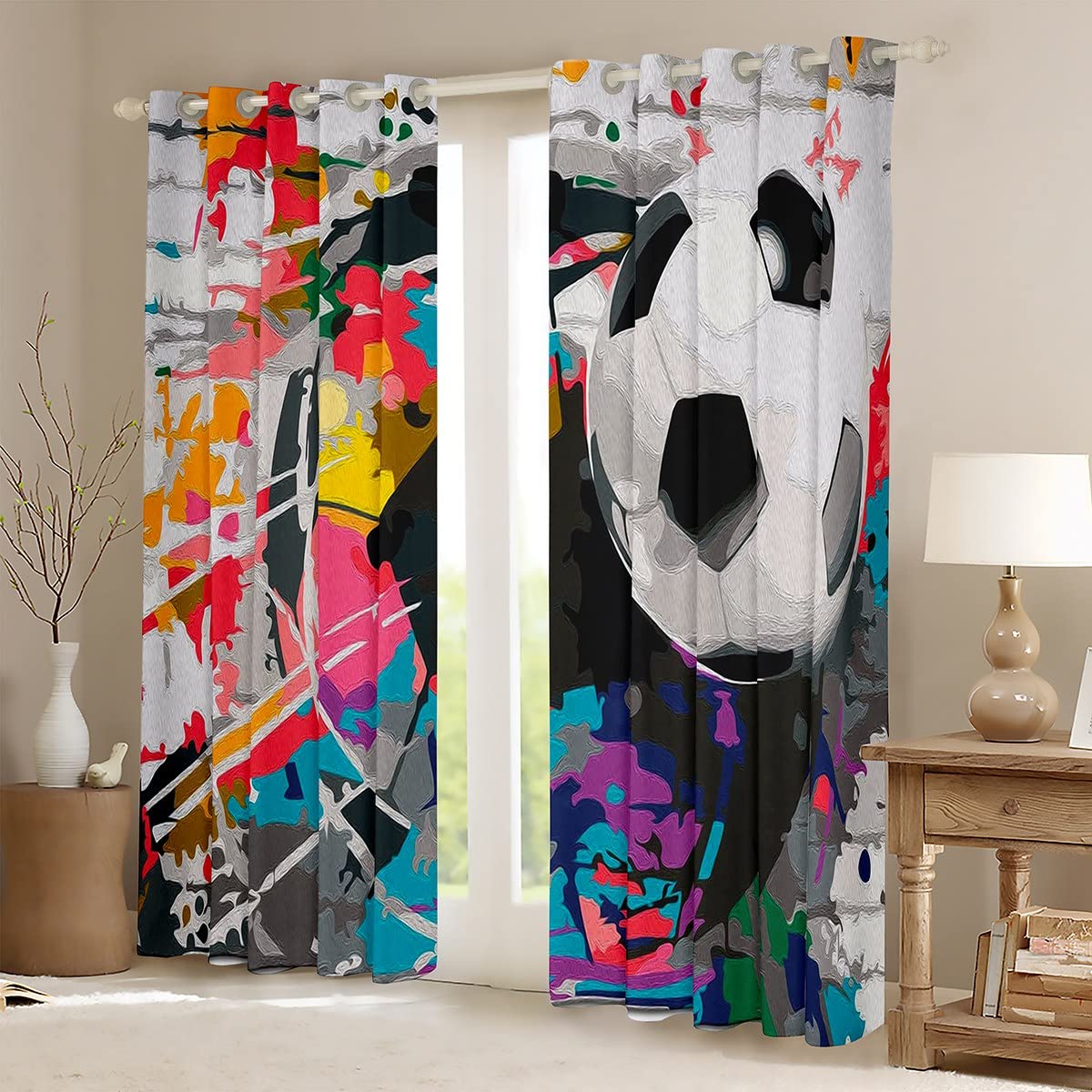 Loussiesd Zasłony okienne do piłki nożnej, kolorowe graffiti, piłka nożna, dreapy, dla dzieci, piłka nożna, do gry, zasłony zaciemniające (30%-50%) gra sportowa, dekoracja okienna, piłka, dekoracja sypialni szer. 132 x dł. 225 cm