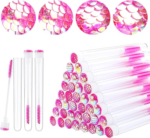 Dming 50 Pieces Disposable Mascara Brushes Eyelash Extension Brush Diamond Mascara Lash Wands with Tube Spoolies Lash Brush Makeup Tool Lash Extension Supplies (scale d pink 50)
