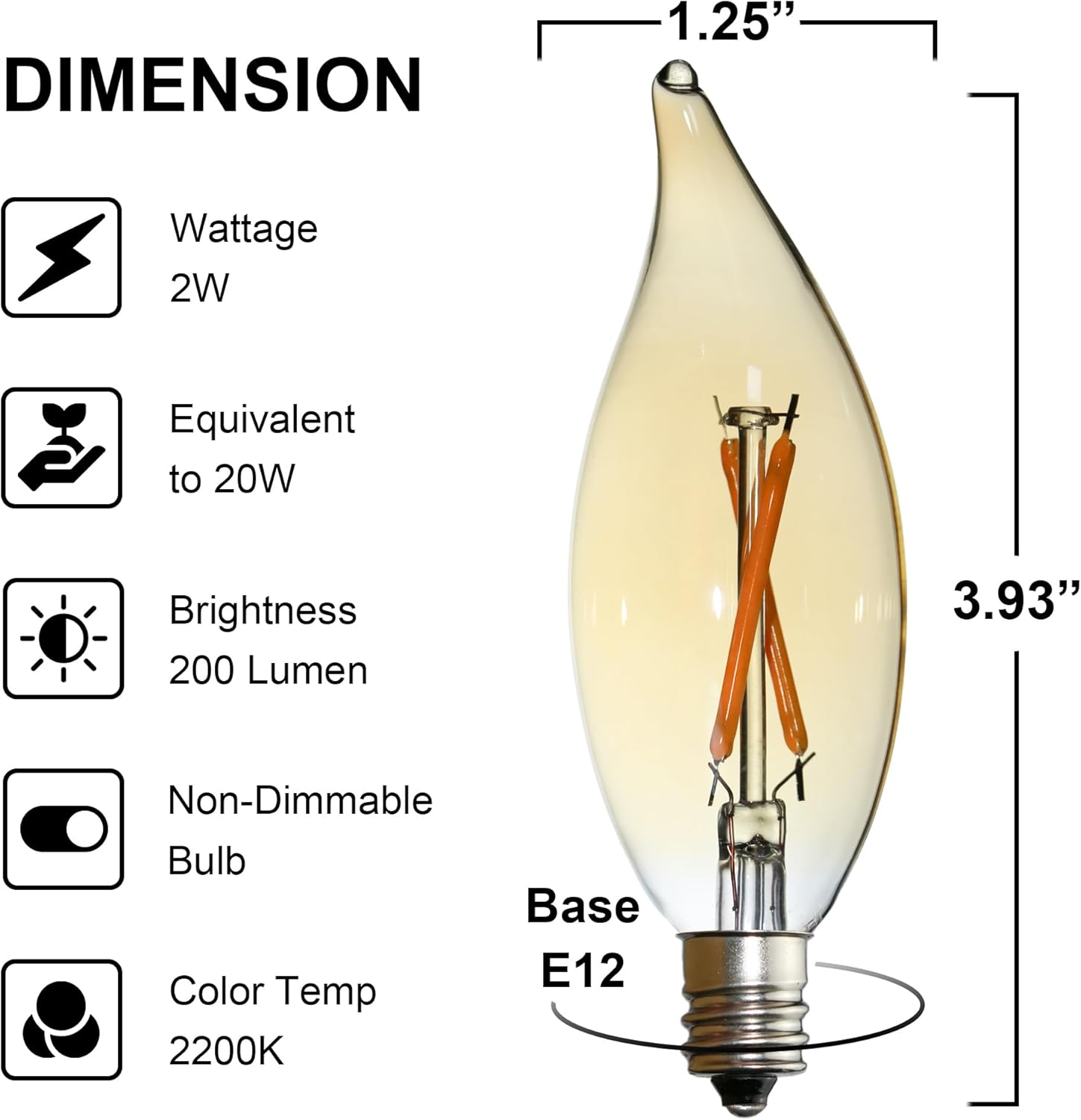 Candelabra LED Light Bulbs 2W Equivalent 15-20 Watt, E12 Bulb, Candle Chandelier, Warm White Chandelier Wax Warmer Light Bulbs, Small Base Decorative Flame for Bedroom livingroom, 6pcs