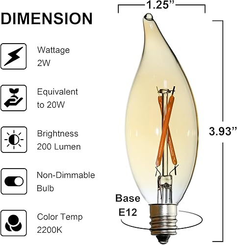 Miniatura 10 de Paquete de 12 bombillas LED C32 con punta de llama, 4 W equivalentes a 40 W, bombilla Edison de filamento blanco cálido de 2700 K, base E12,