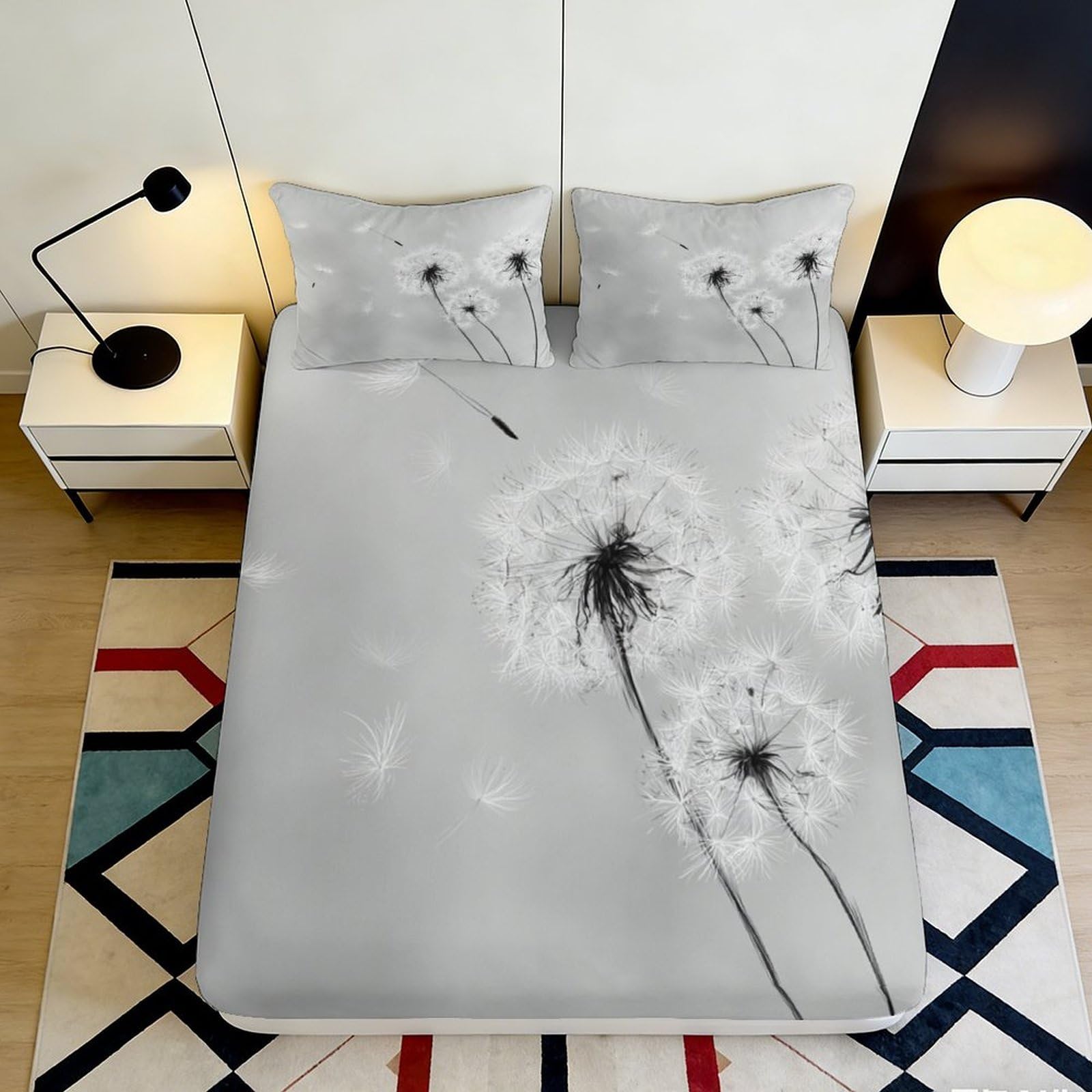 3D Printed Dandelion Blossom Fitted Sheet Microfiber Soft Grey Dandelion Puff Mattress Cover Bedroom Guest Room Decor Protection 120x200x25cm