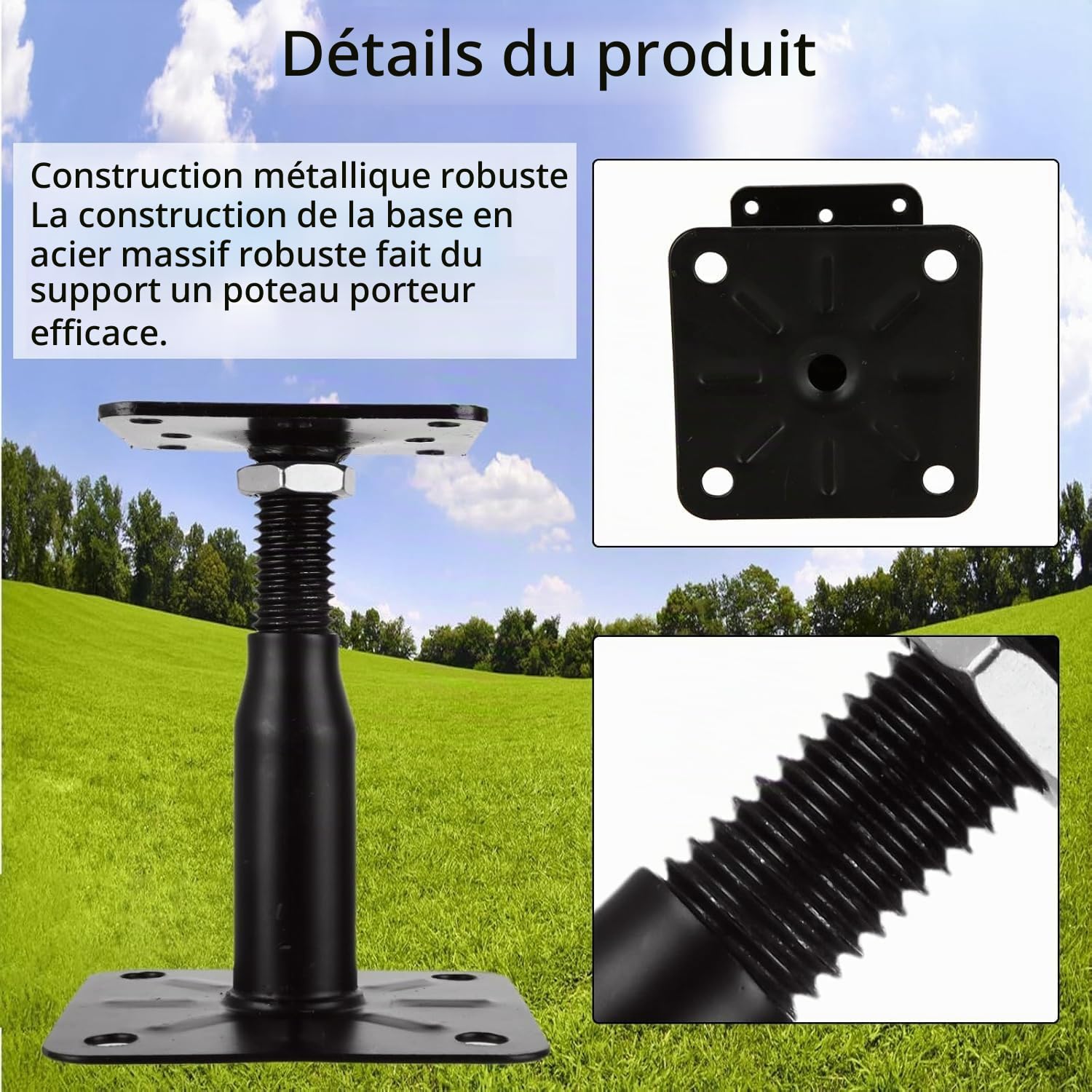 AKOLAFE Lot de 4 Pied de Poteau Reglable 100 à 150 MM Support de Poteau Reglable Support Poteau Bois Galvanisé avec Vis 75 x 95 mm Embase Pied de Poteau Vissé pour Terrasses, Abris, Gazebos