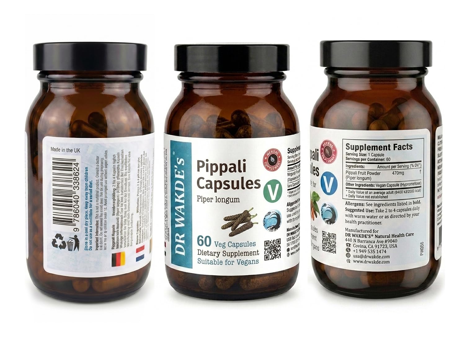 DR WAKDE'S Pippali Kapseln (Langer Pfeffer, 60 Veg Caps, Ayurveda-Ergänzung, Vegan, Kräuter, Natürlich)