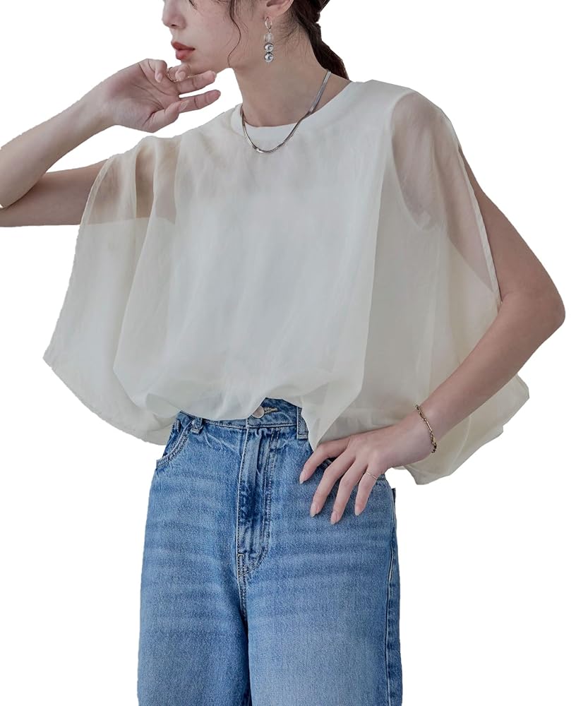 専用etoll. オーガンジーレイヤード風バルーンブラウスホワイトブラック２枚 etoll. tシャツ オーガンジーレイヤード風バルーンブラウス