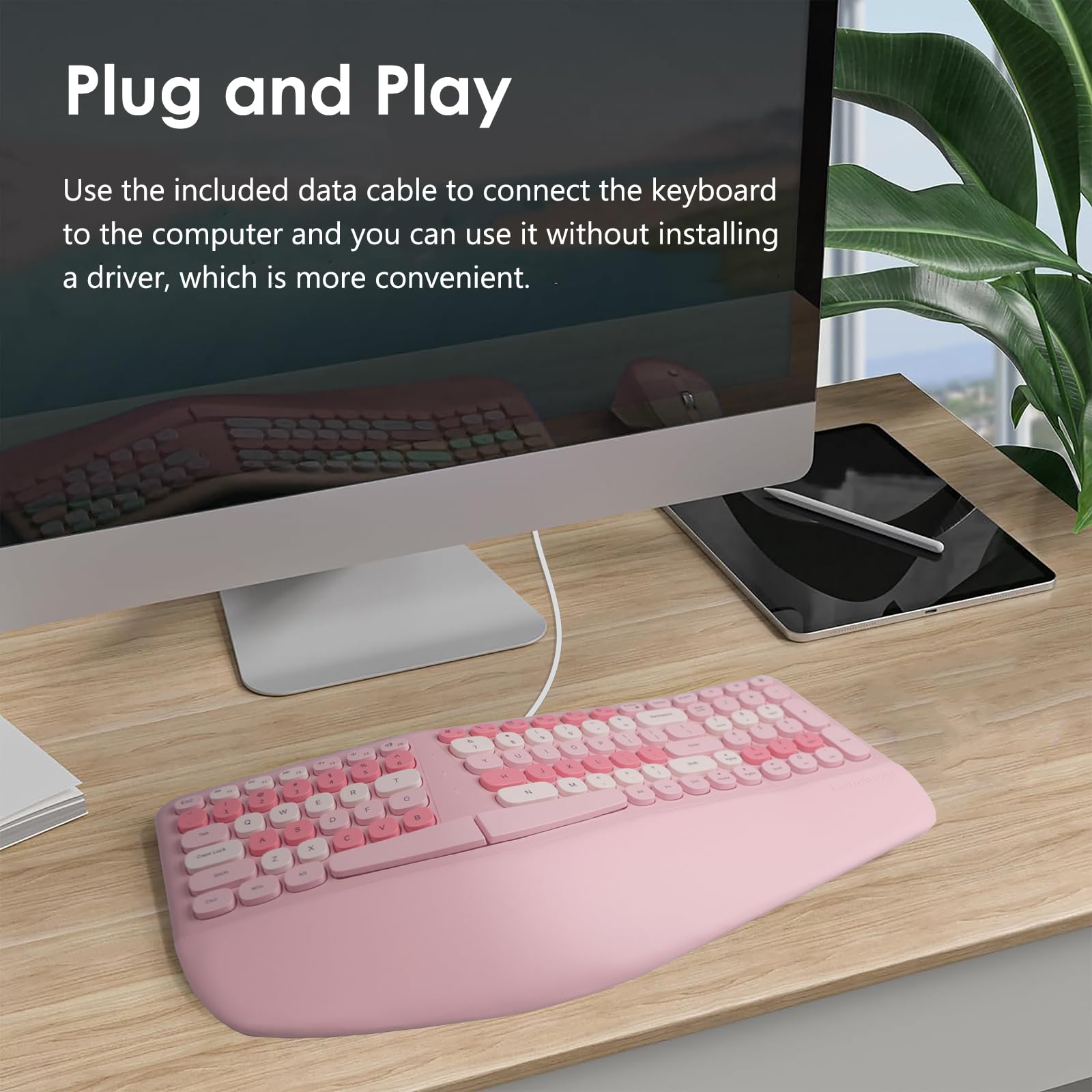 Lomiluskr Tastiera ergonomica cablata con poggiapolsi in PU, tastiera per tunnel carpale, design colorato con split ergo, comoda digitazione naturale, compatibile con PC/laptop (rosa)