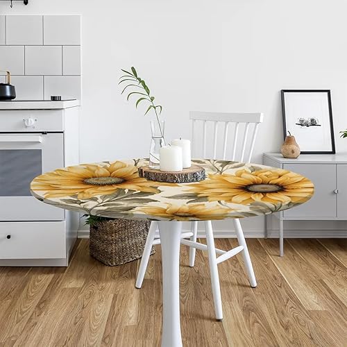 Vista 103 de Mantel redondo ajustable con borde elástico, mantel de hojas coloridas abstractas, impermeable, lavable, para mesas redondas, ideal para picnic