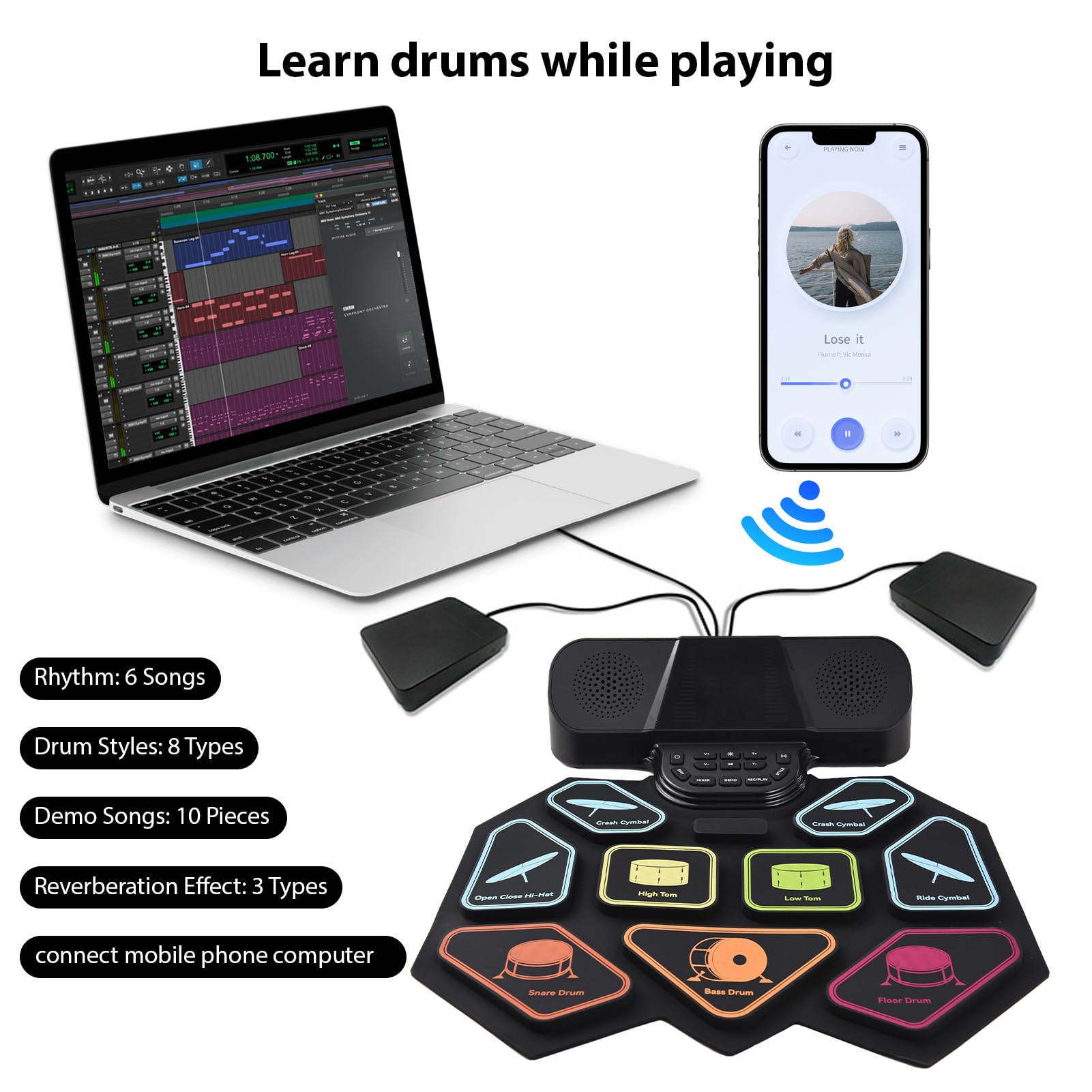 Roll Up Electronic Drum Set 10 Demo Songs Silikon Practice Pad Drum Zestaw z Bębnami i Pedałami dla Początkujących i Doświadczonych Muzyków (BLACK)