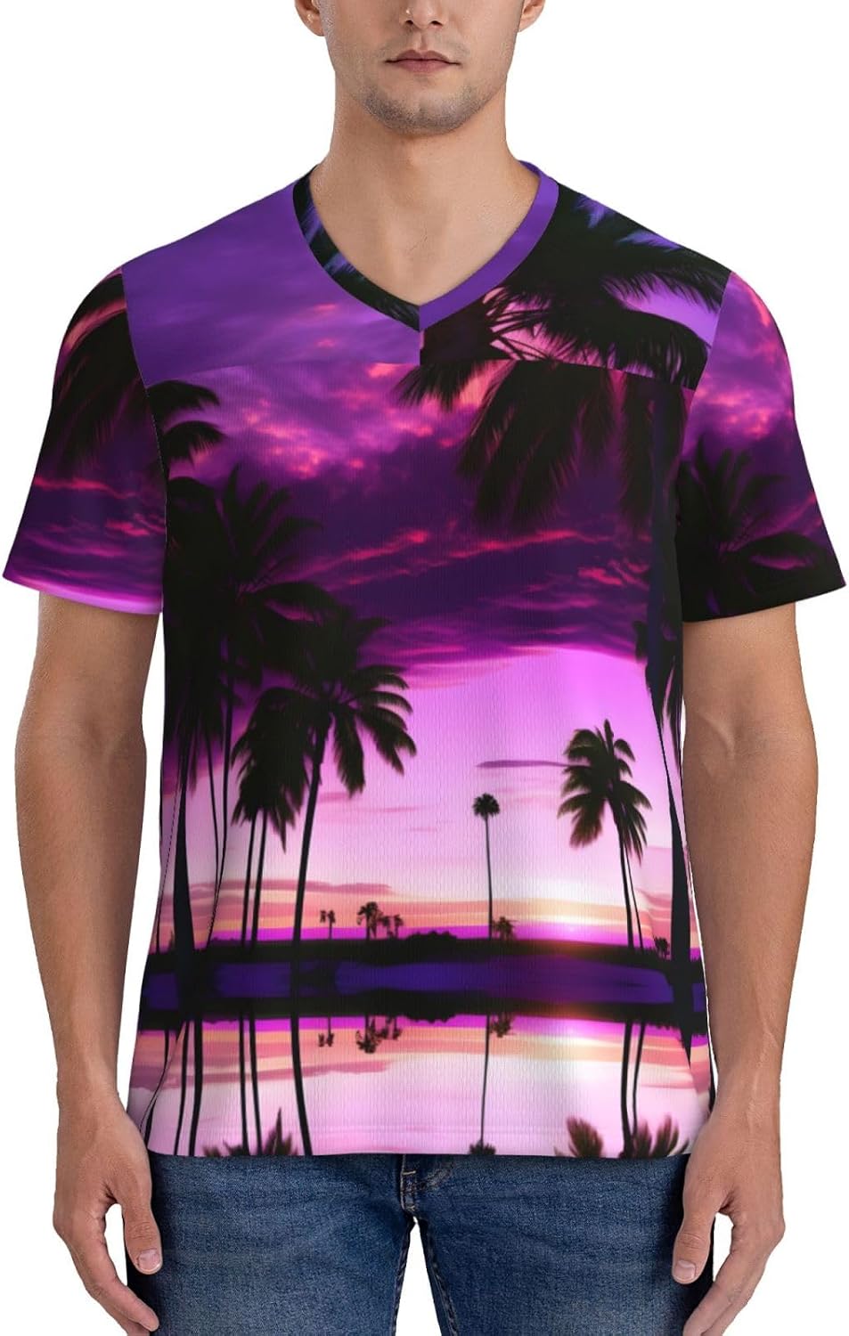Palm Tree Purple Sunset Rugby Football Jersey for Men, Comfortable V-Neck Loose Fit Top for Team Sports Athletics