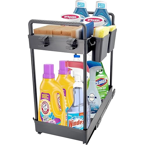 Under Sink Organizer and Storage Shelf Pull Out Bathroom Undersink Cabinet Organization Rack with 2 Tier Drawer Baskets for Home Pantry Counter Vanity Countertop Organizing Containers Black