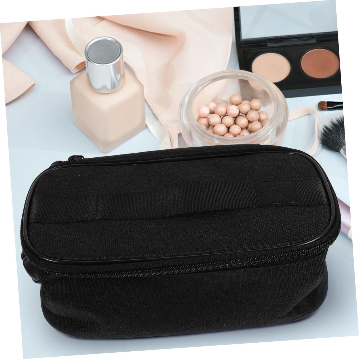 Schwarze Reisekosmetiktasche mit Mehreren Fächern aus Oxford Stoff | Platzsparend für Koffer, Tragbar für Party und Reise, für Make Up und Nagelwerkzeug
