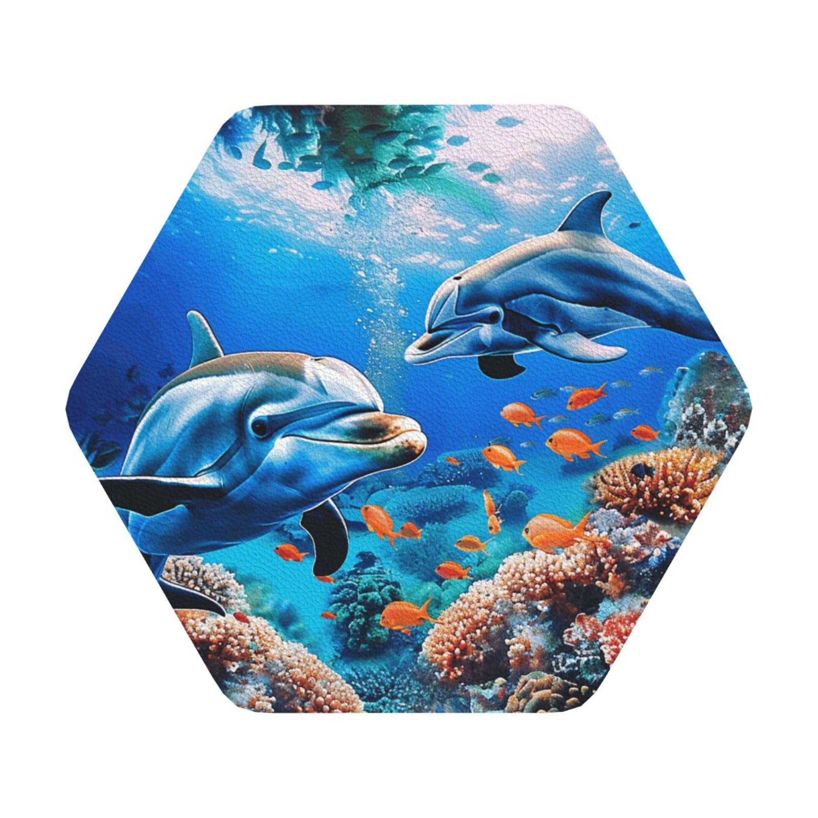 Beautiful Underwater World Dolphins Coral Print Leather Coaster Set of 6, Hexagon Coasters Table Decorative Coffee Cup Beverage Coasters Wine Beer Bar Coasters for Hot Drinks Table Protection