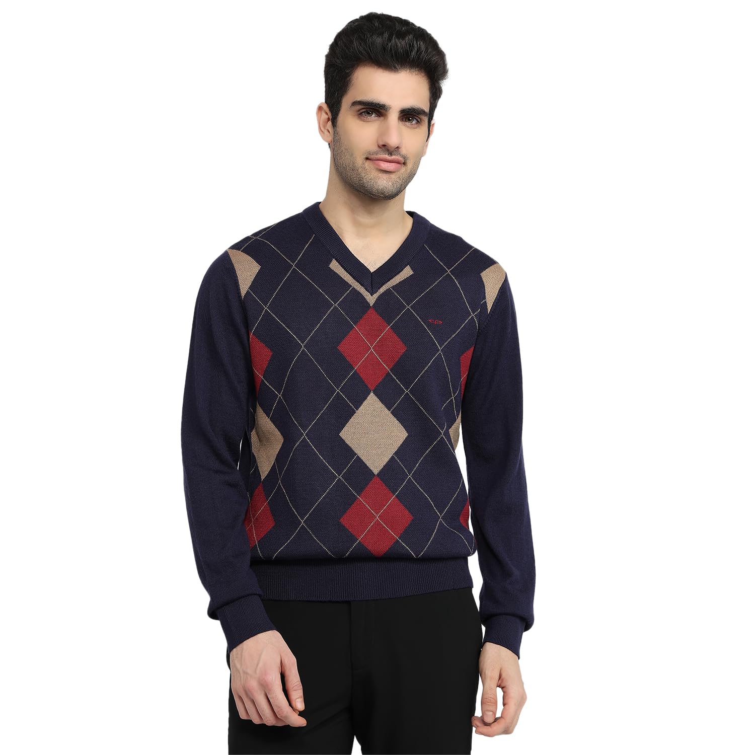 colorplus Men Regular Fit Jacquard Pattern Acrylic Merino Wool Blend Full Sleeve V Neck Casual Sweater Navy-picture-50