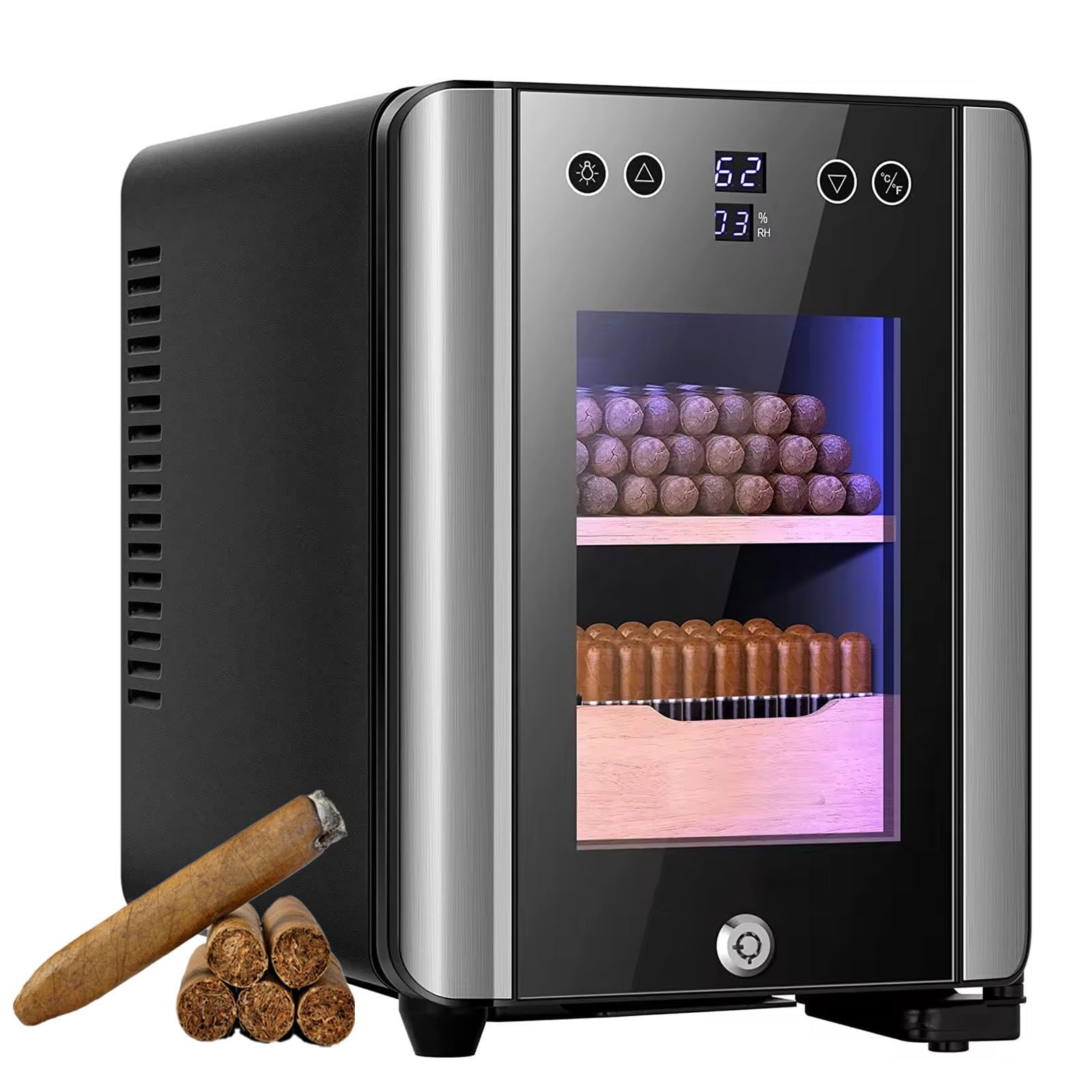 Elektrischer Humidor mit Schloss, Intelligenter Zigarrenkühler mit Zedernholzregal & Schublade, LED-Licht & Tür aus gehärtetem Glas für 100 Zigarren