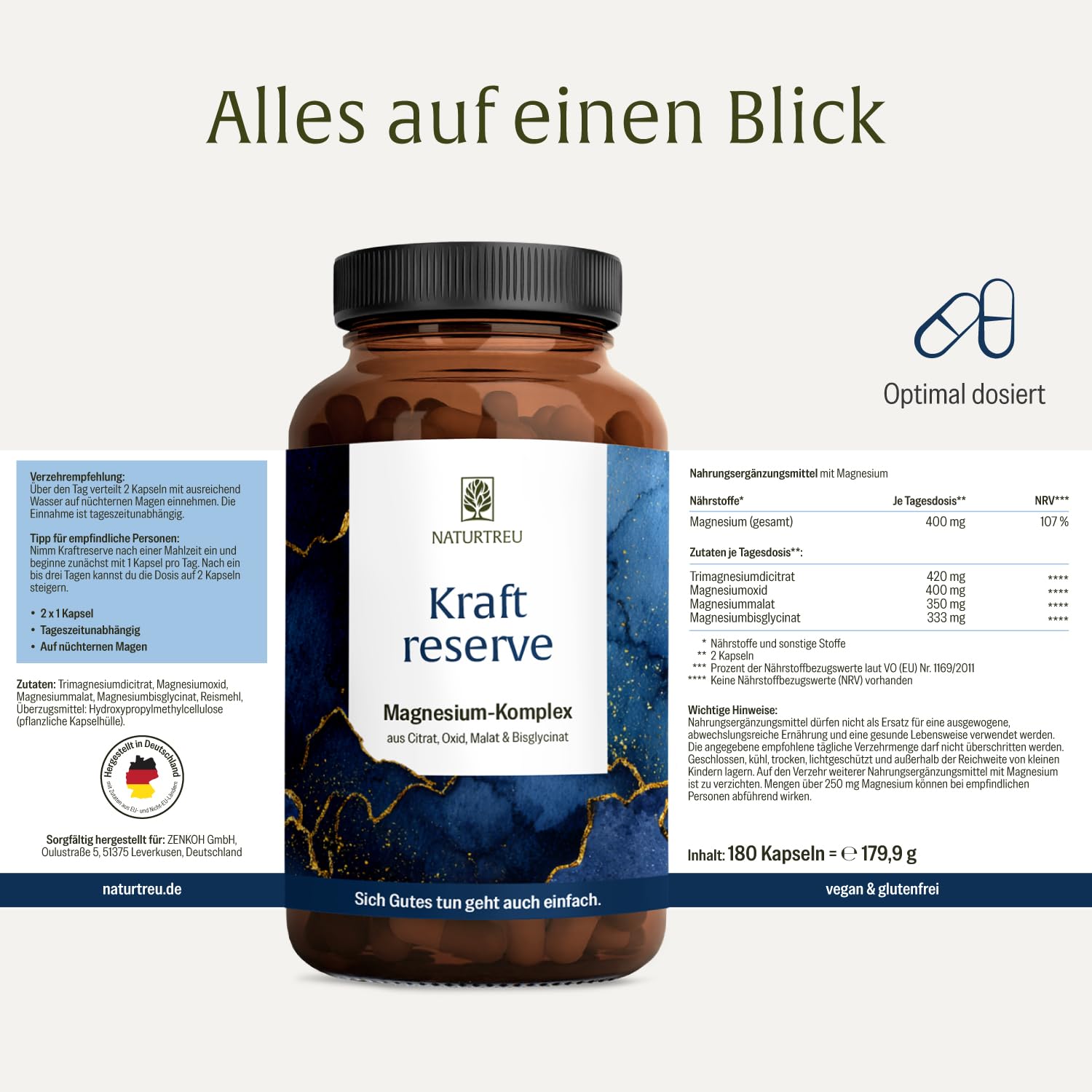 NATURTREU® Magnesium Komplex hochdosiert - Komplex mit: Magnesiumcitrat, Bisglycinat, Magnesium Malat und Magnesiumoxid - Vegan - 180 Kapseln