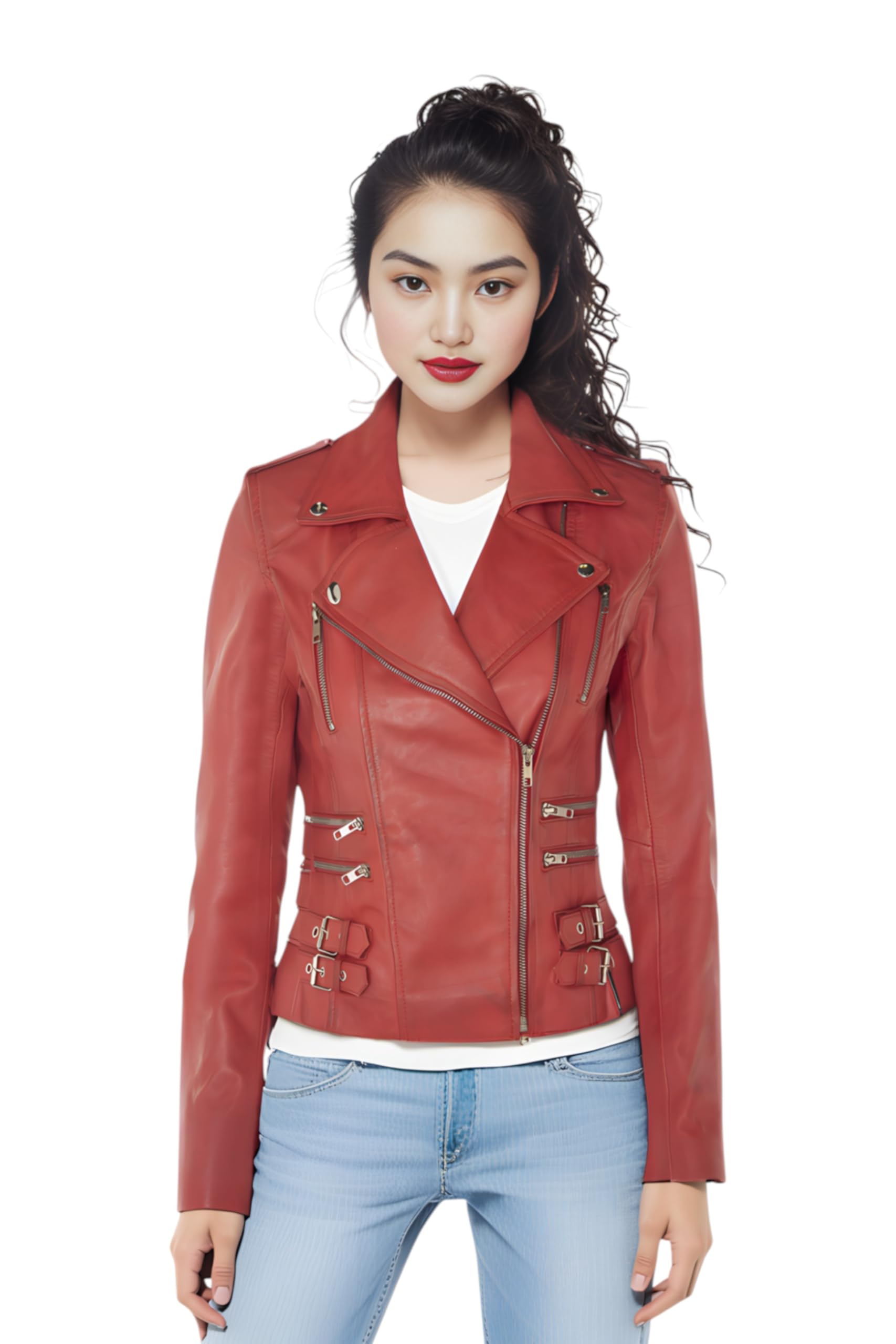 Ladies Leather Biker Red Real Lamb Nappa Vintage Gothic Buckle Jacket