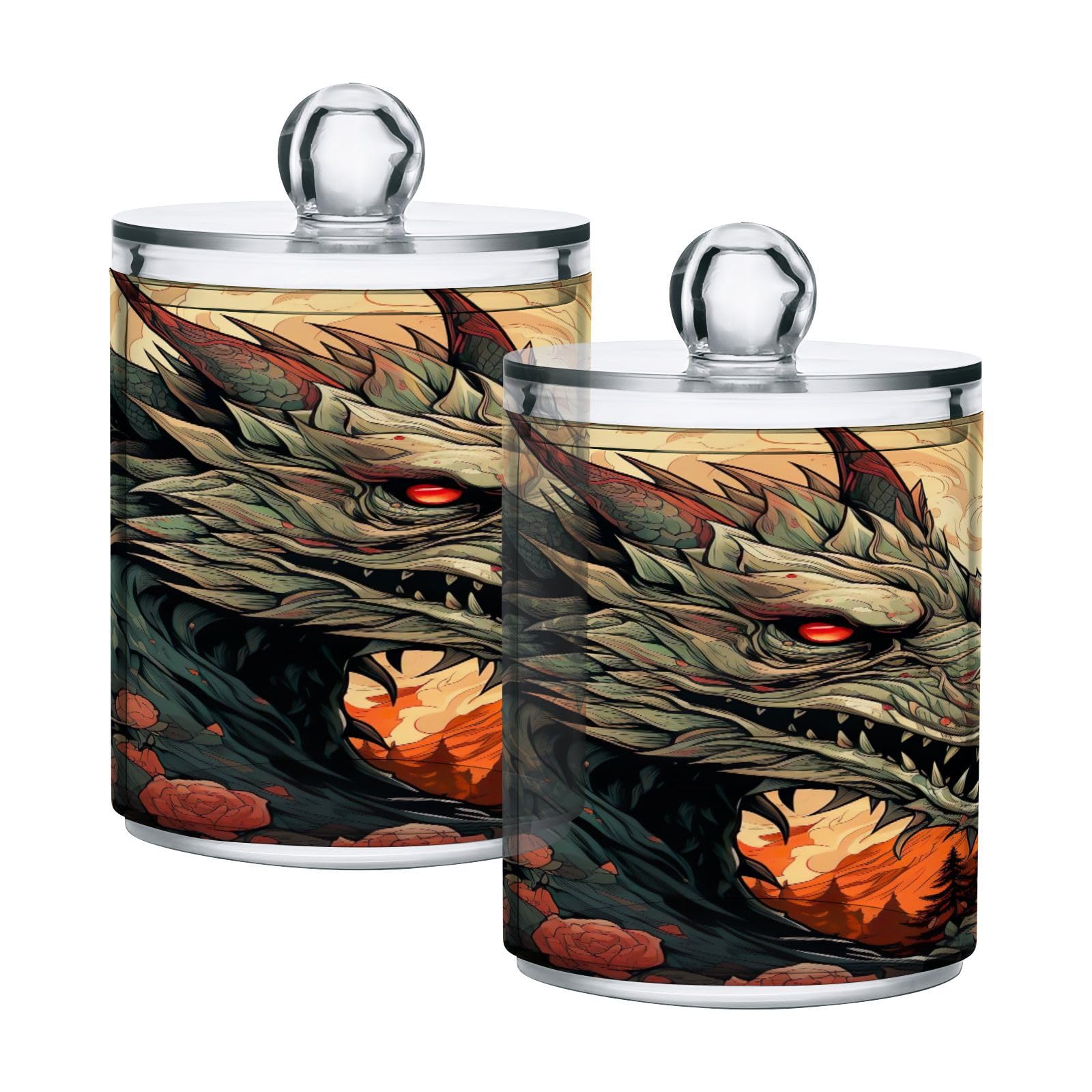 FUGIDOG Chinese Dragon Qtip Holder Dispenser 2 PCS Plastic Bathroom Canister Apothecary Jars with Lid 14 oz Vanity Makeup Storage Organizer for Cotton