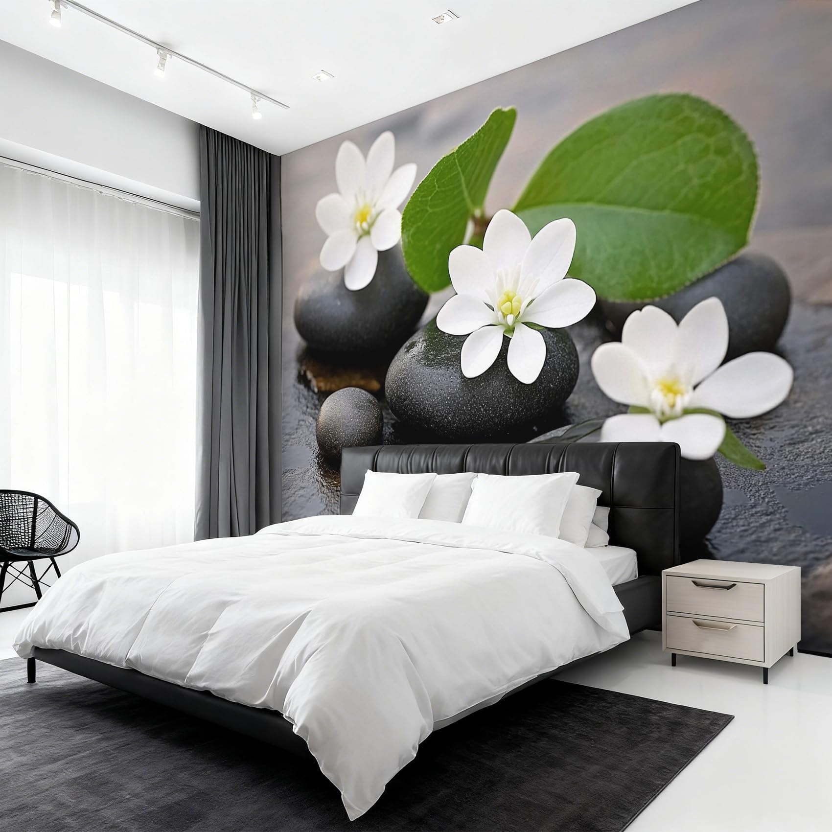 Papier Peint Pierre Zen Fleur Blanc Intissé 300x210 Fresque Décoration Murale