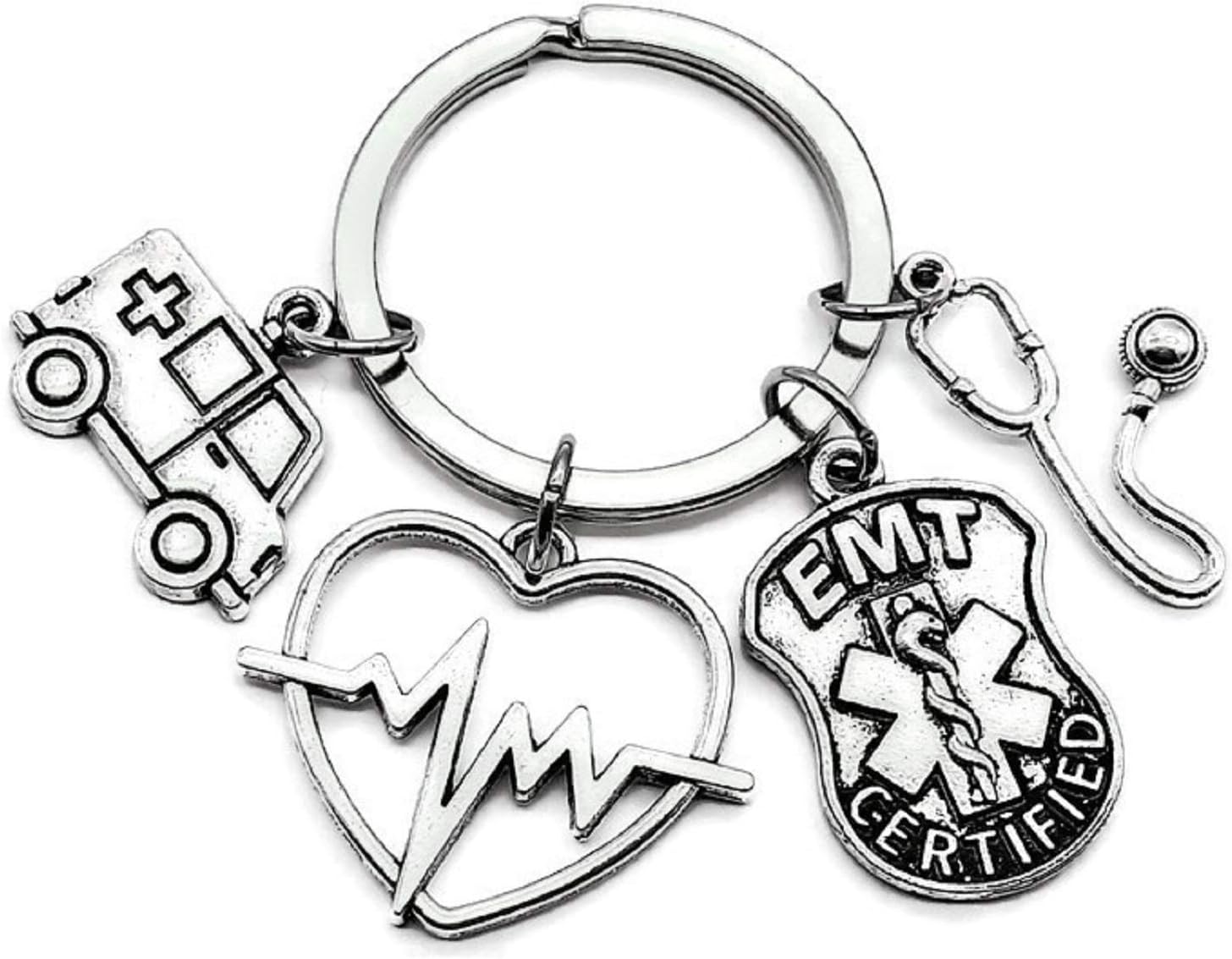 Kit's KissEMT Emergency Medical Technician, EMT keychain, ECG / EKG Heartbeat, Medical Alert, EMT gift, Ambulance, Stethoscope, Caduceus Medical Symbol charm, EMT graduation Gift (EMT Heartbeat Keychain)
