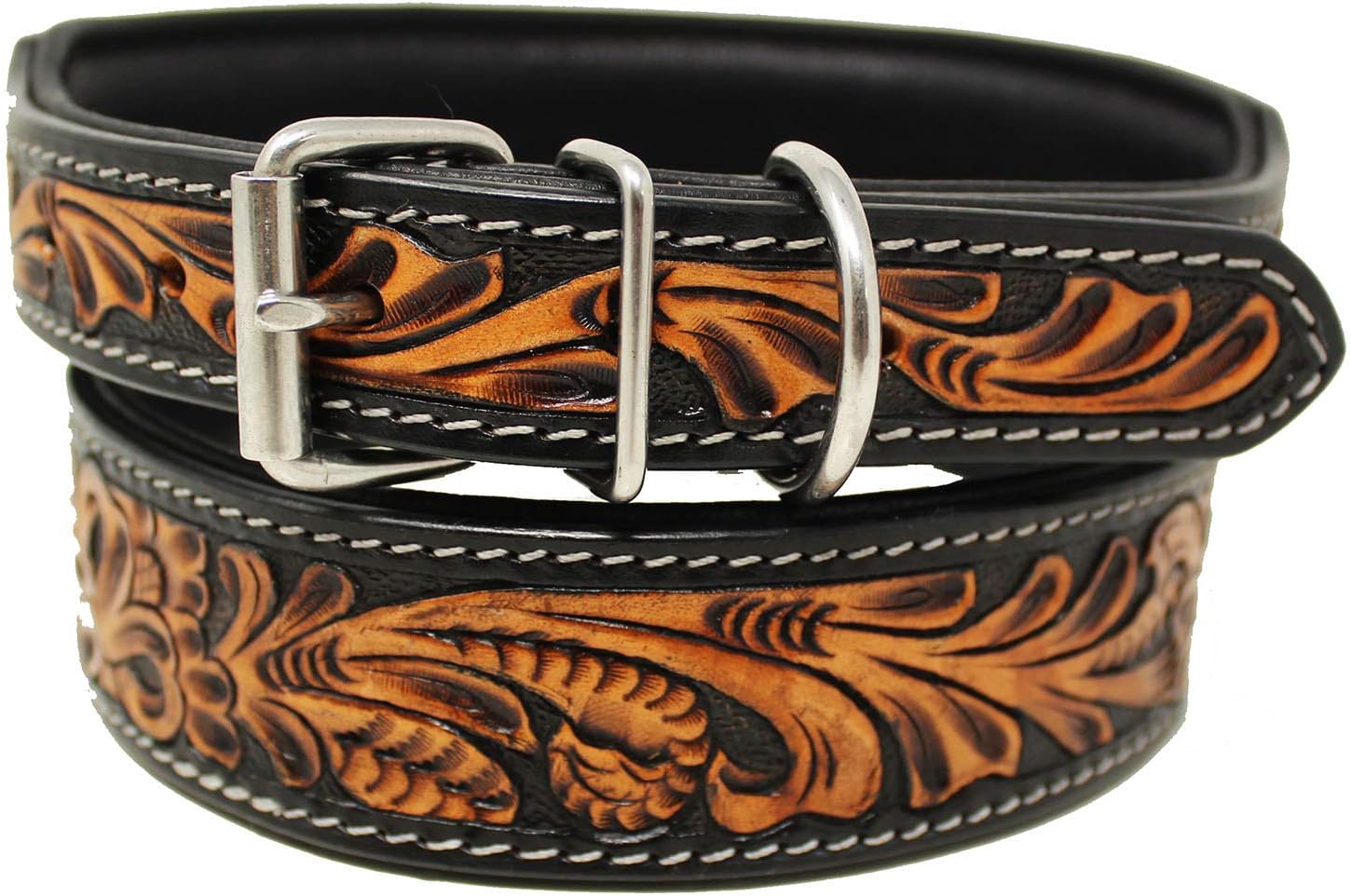 Large 21''- 25'' Heavy Duty Padded Leather Floral Tooled Dog Collar 60FK10