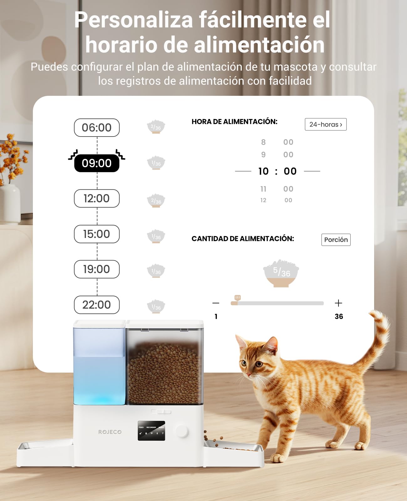 ROJECO Comedero automático para gatos y fuentes 2 en 1 – 8,5 L de capacidad total (5 L comedero + fuente de 3,5 litros), 1-36 porciones, 2 cuencos de acero inoxidable, sin BPA, para gatos y mascotas