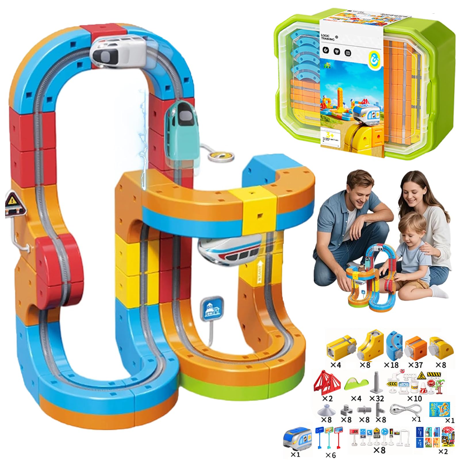 179 PCS Clickrail Electric Train Set Flexible Race Track, Clickrail Electric Trainset, Flexible Race Car Magnetic Track Set, Gravity-Defying Building Toy Gifts for Kids (Box-175pcs(1car))