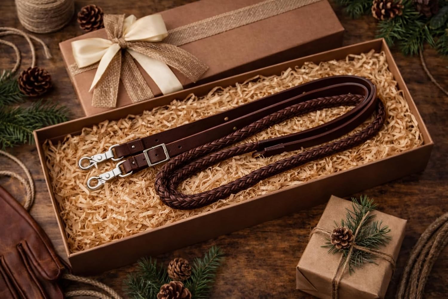 CHALLENGER Western 7 Feet Rolled Braided Brown Genuine Leather Grip Barrel Reins 805LR15BR