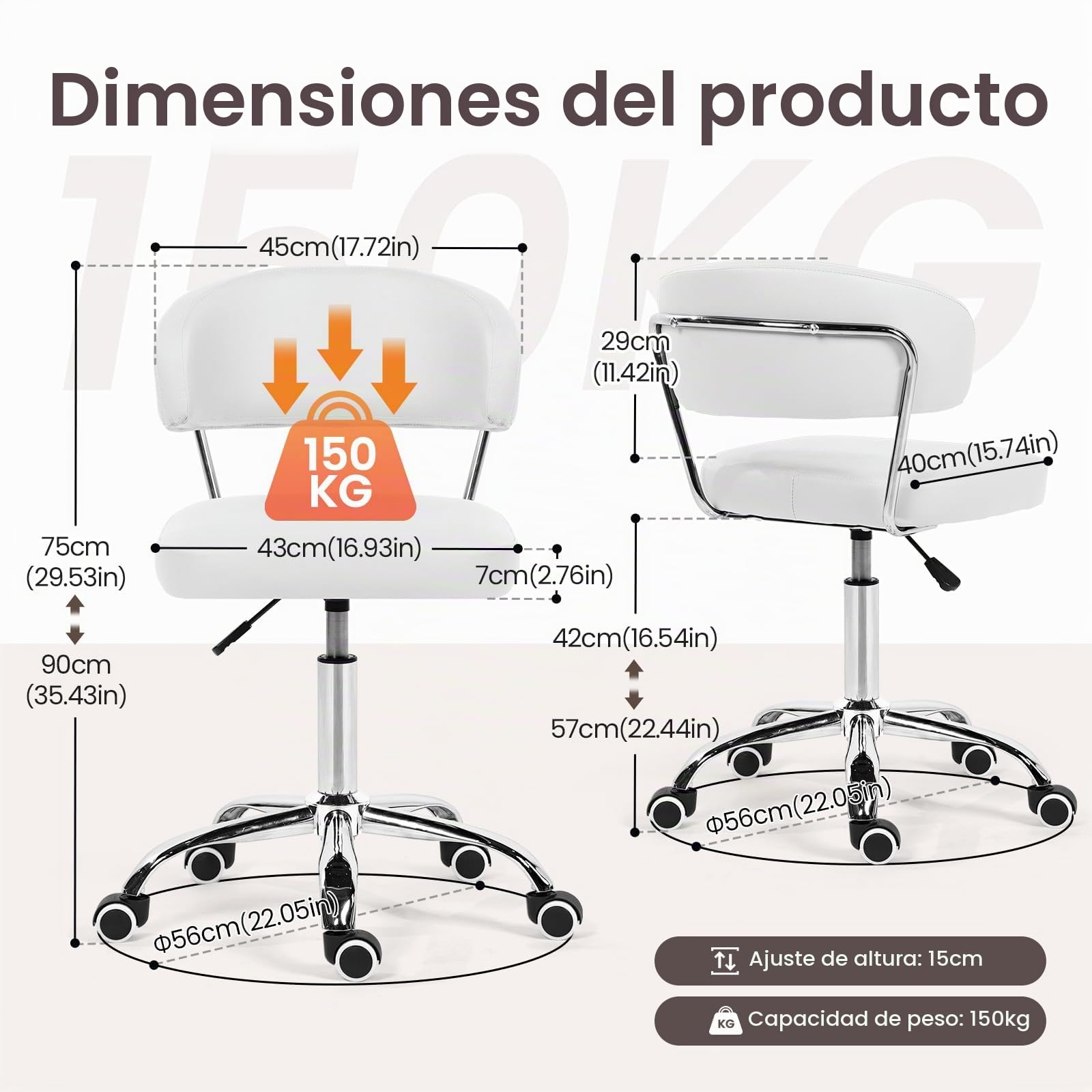 Silla de Oficina con Altura Ajustable, Ideal como Silla Tocador con Respaldo Curvo, Silla Giratoria de PU, Capacidad de Carga hasta 150 kg, Silla de Escritorio para Oficina y Dormitorio, Blanco