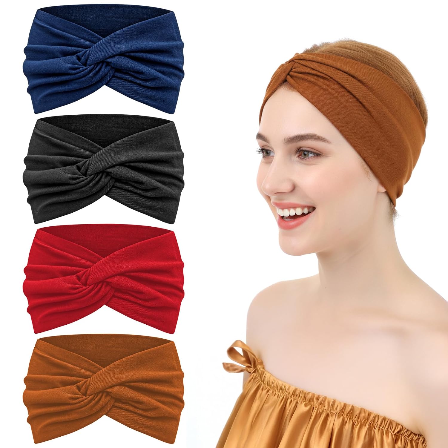 Sibba 4 Pack Bohemian Knotted Headbands for Women Non Slip Stretchy Turban Hair Wraps Thick Yoga Headbands for Sports Workouts and Christmas Dressy Headwear Outfits Headpiece - Image 2